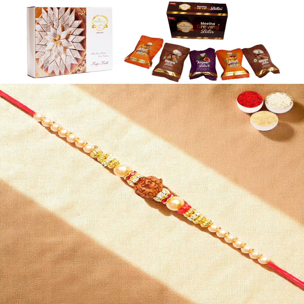 Y-3 Rudraksh Rakhi with Asorted bites box and 200 gms of Kaju katli
