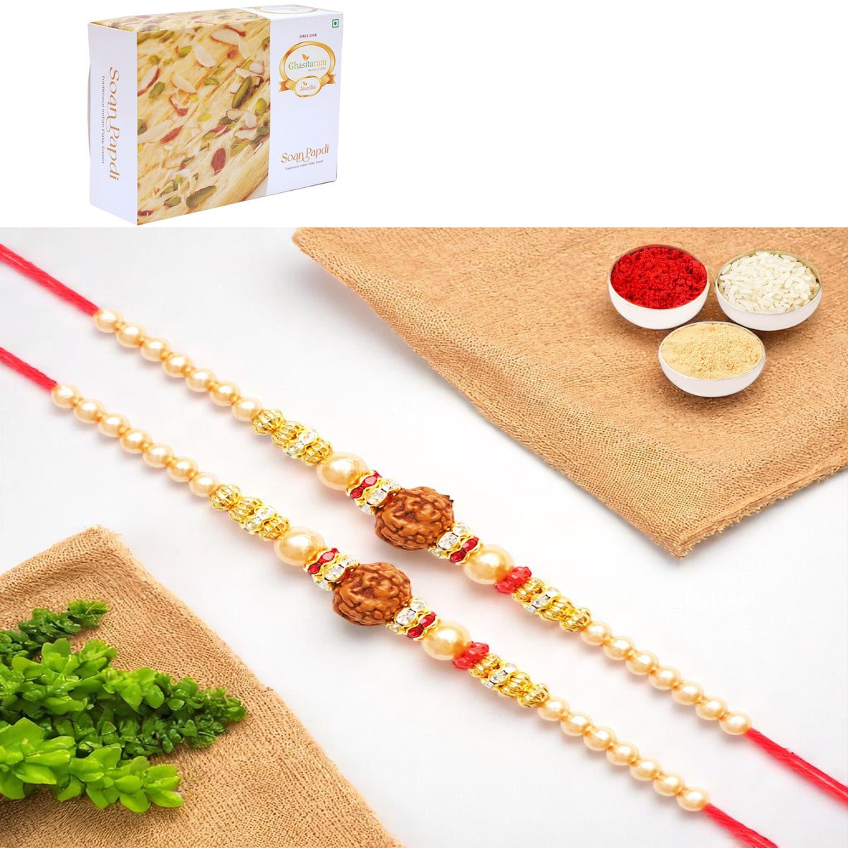 Set of 2 - Y-3 Rudraksh Rakhiwith 400 gms of Soan Papdi
