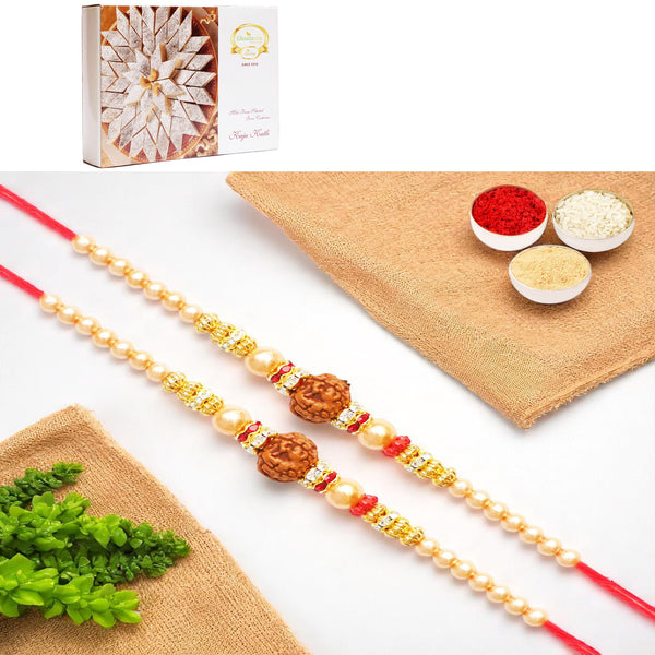 Rakhis Online Australia-Set of 2 - Y-3 Rudraksh Rakhiwith 200 gms of Kaju katli