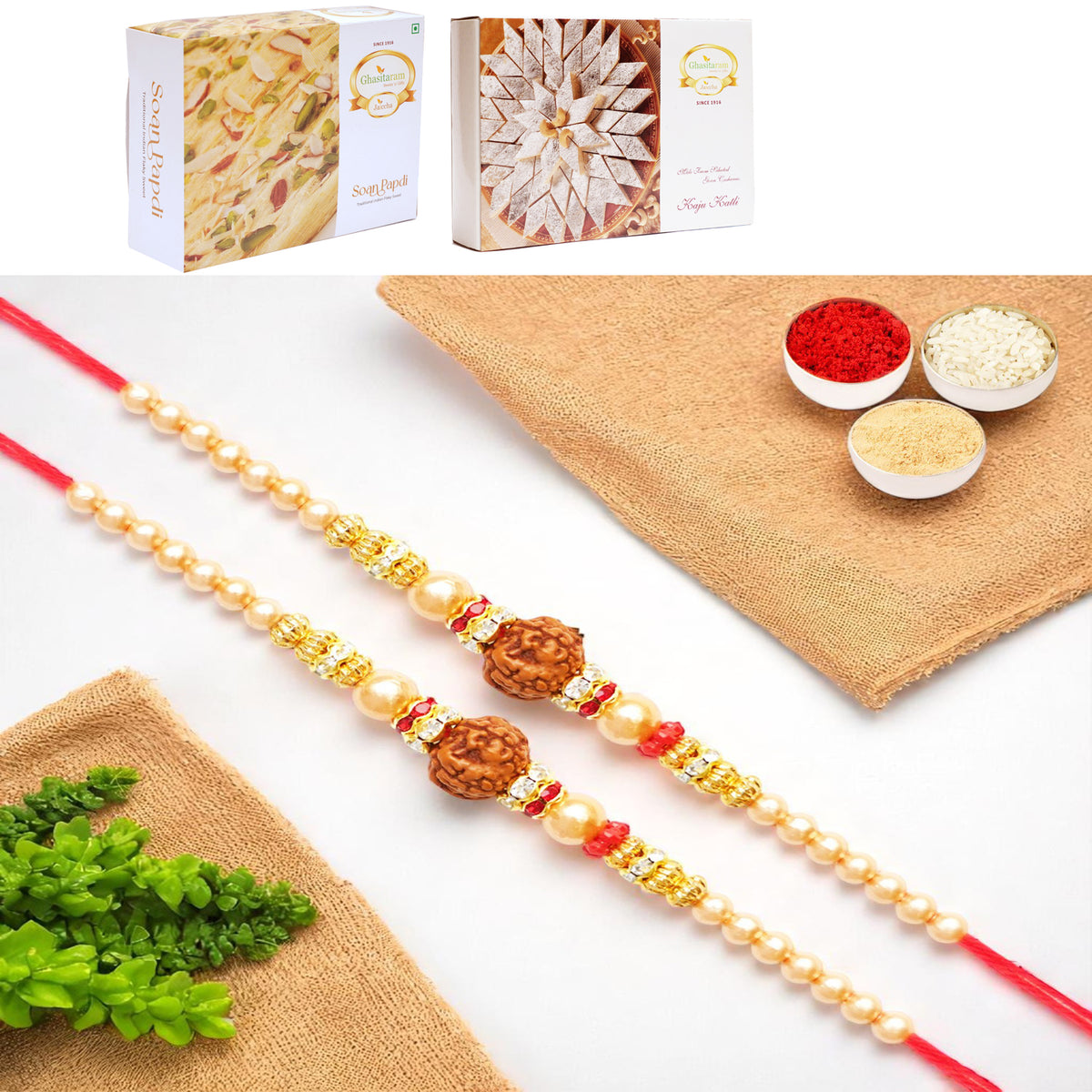 Set of 2 - Y-3 Rudraksh Rakhiwith 200 gms of Kaju katli and 200 gms of Soan Papdi