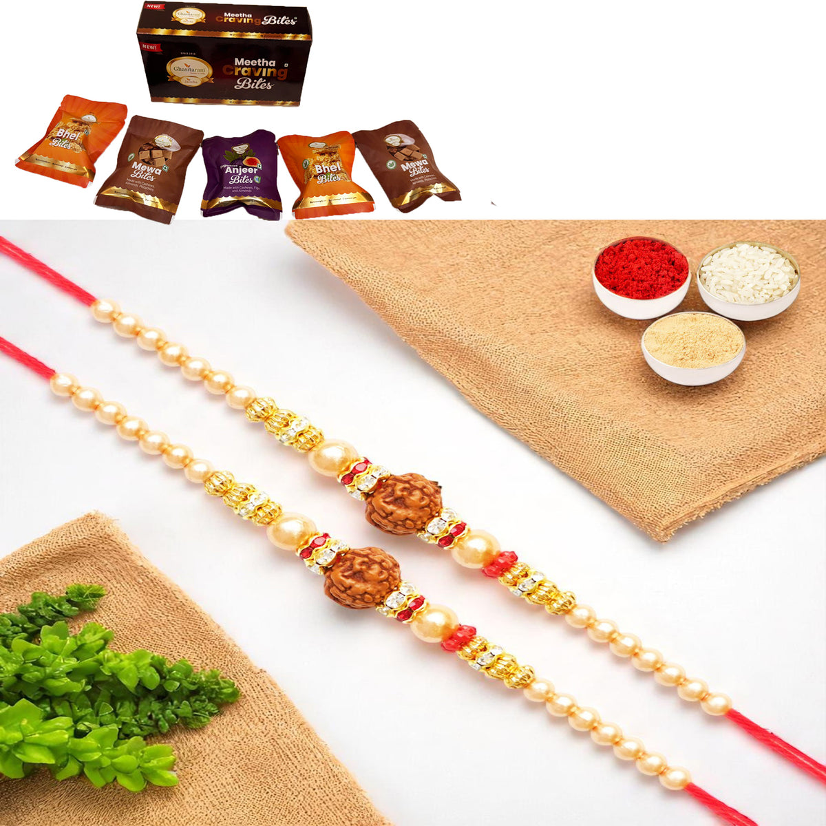Rakhis Online UK-Set of 2 - Y-3 Rudraksh Rakhiwith Asorted bites box