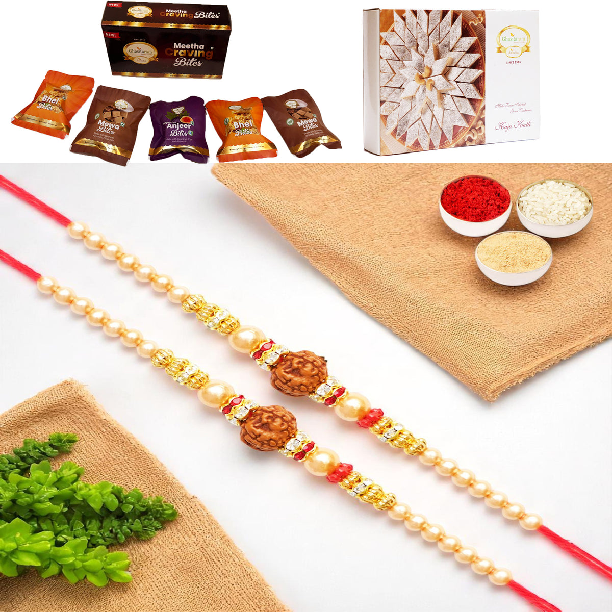 Set of 2 - Y-3 Rudraksh Rakhiwith Asorted bites box and 200 gms of Kaju katli