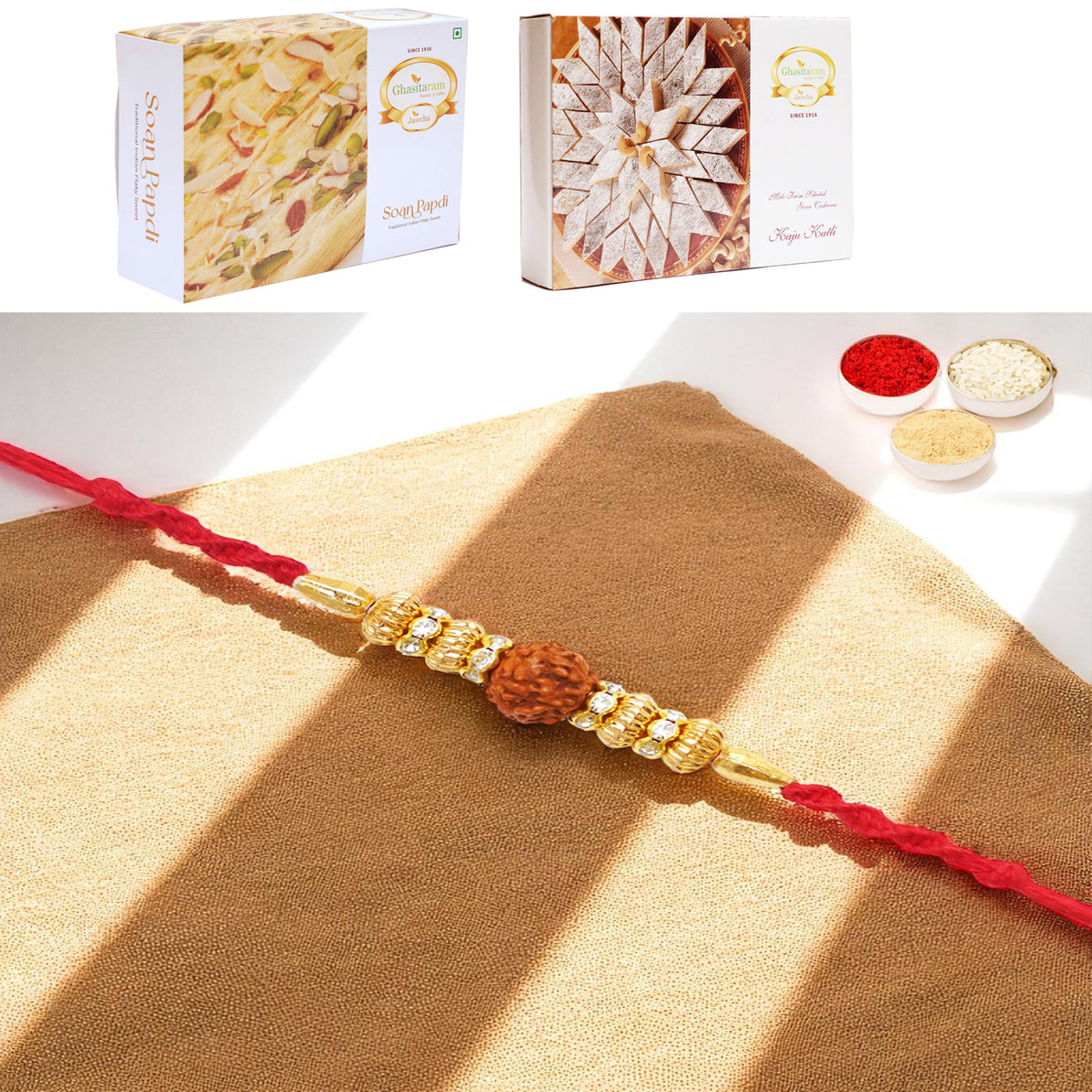 Y-81 Rudraksh Rakhi with 200 gms of Kaju katli and 200 gms of Soan Papdi