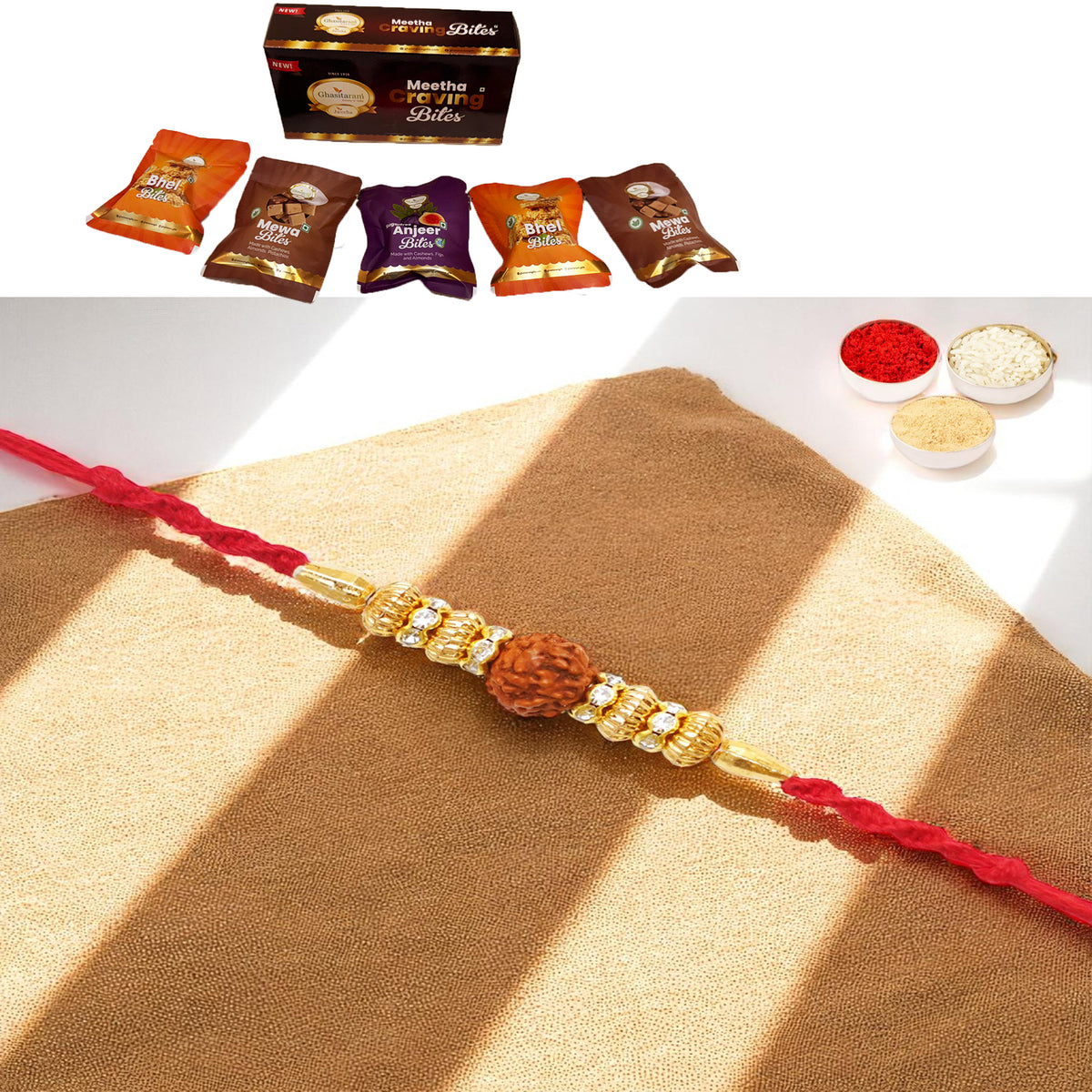 Y-81 Rudraksh Rakhi with Asorted bites box