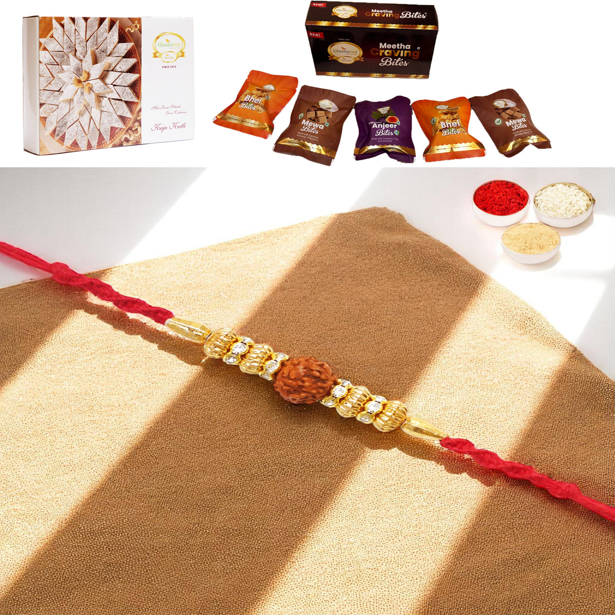 Y-81 Rudraksh Rakhi with Asorted bites box and 200 gms of Kaju katli