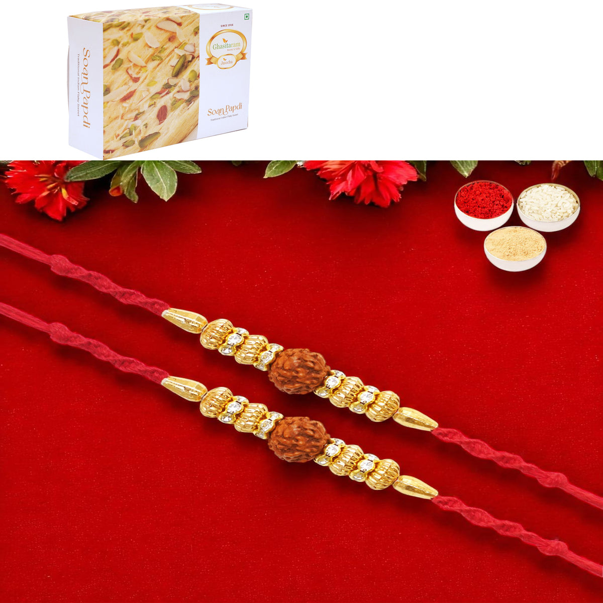 Rakhis Online USA-Set of 2 - Y-81 Rudraksh Rakhi with 200 gms of Soan Papdi