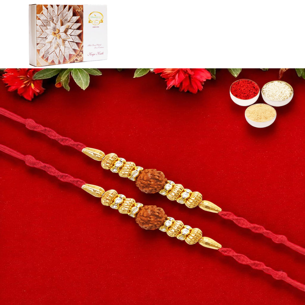 Rakhis Online Australia-Set of 2 - Y-81 Rudraksh Rakhi with 200 gms of Kaju katli