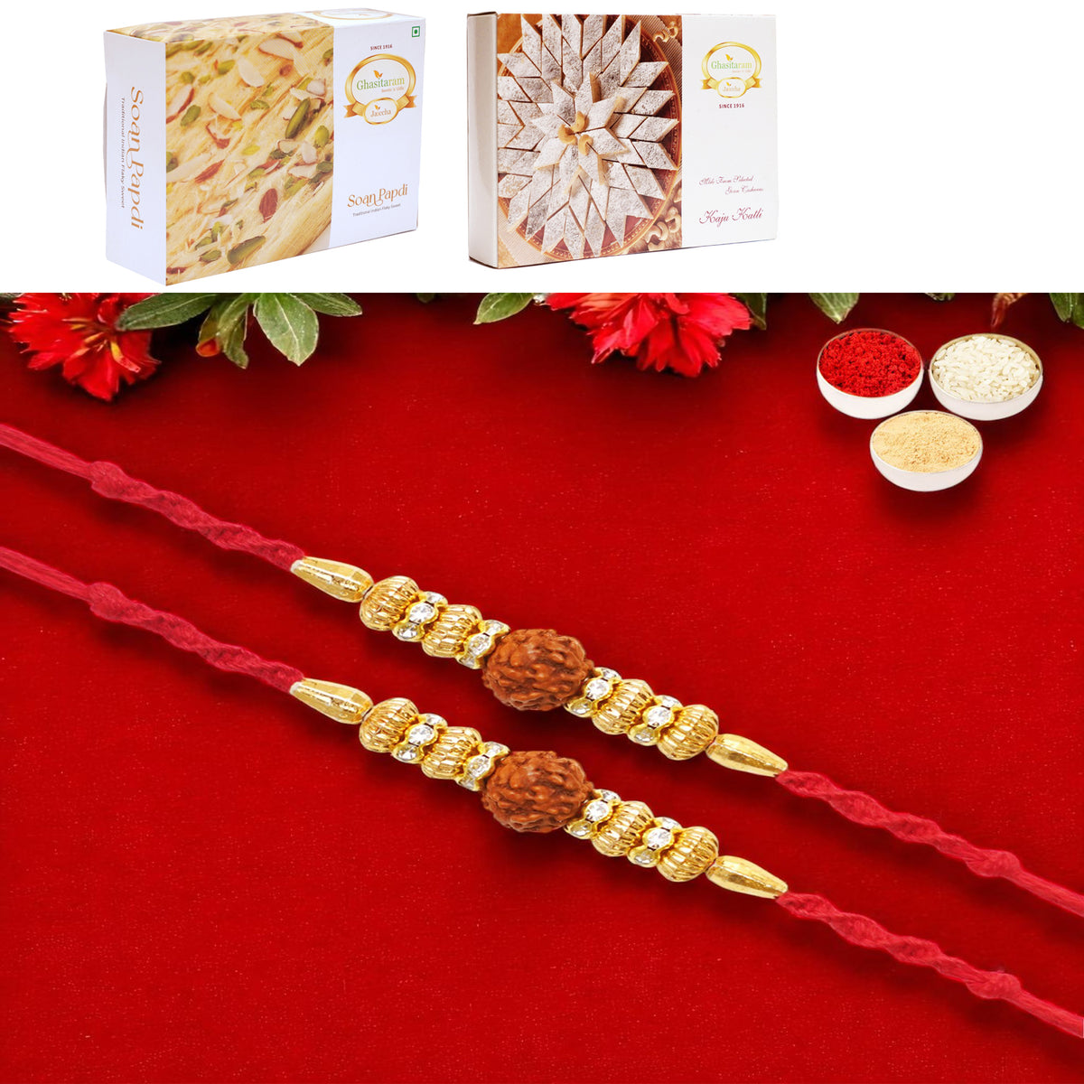 Set of 2 - Y-81 Rudraksh Rakhi with 200 gms of Kaju katli and 200 gms of Soan Papdi