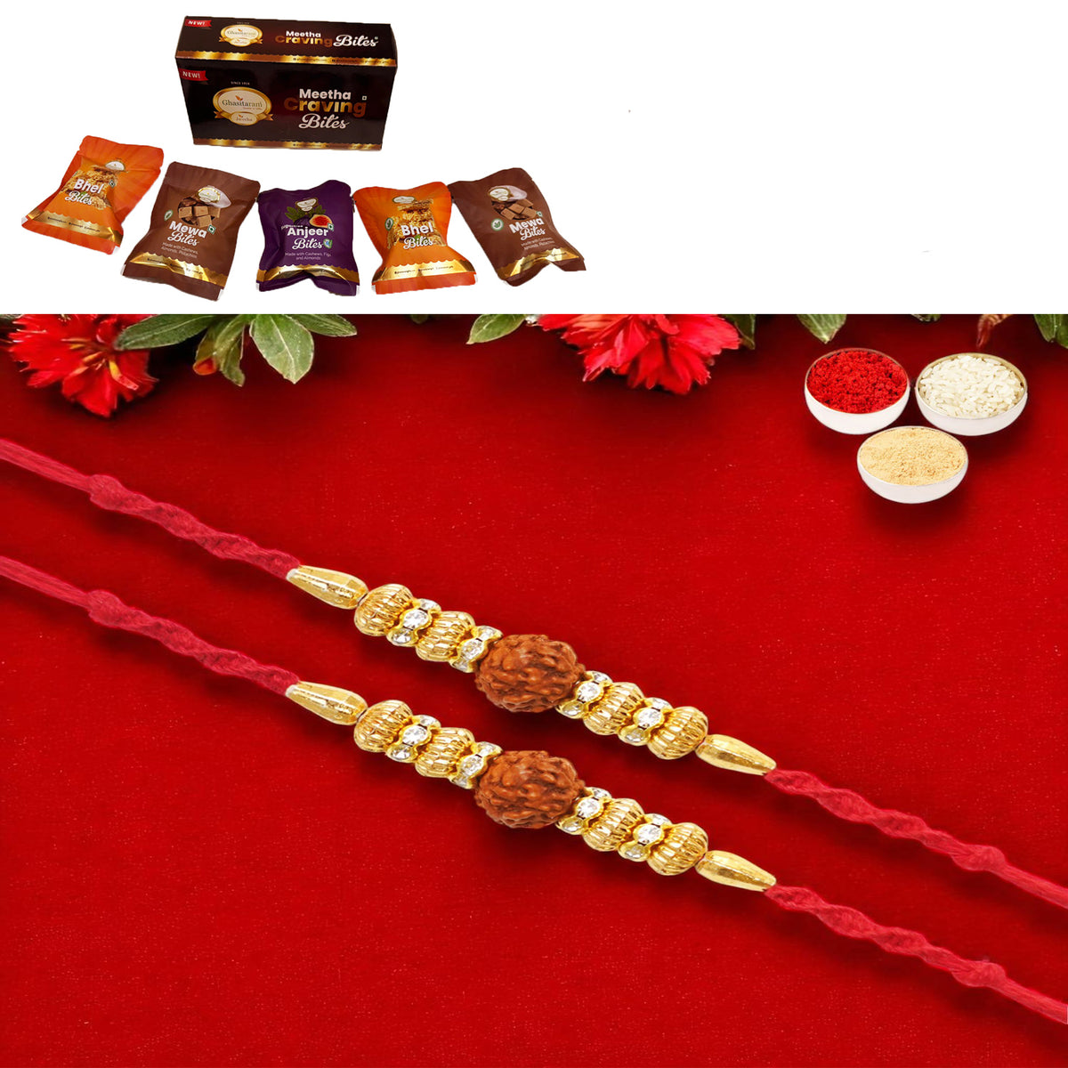 Rakhis Online USA-Set of 2 - Y-81 Rudraksh Rakhi with Asorted bites box