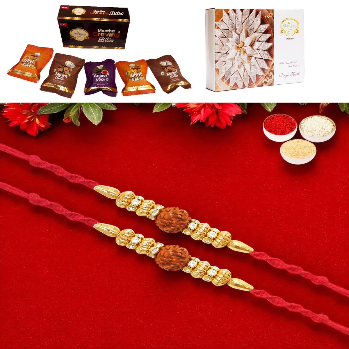 Set of 2 - Y-81 Rudraksh Rakhi with Asorted bites box and 200 gms of Kaju katli