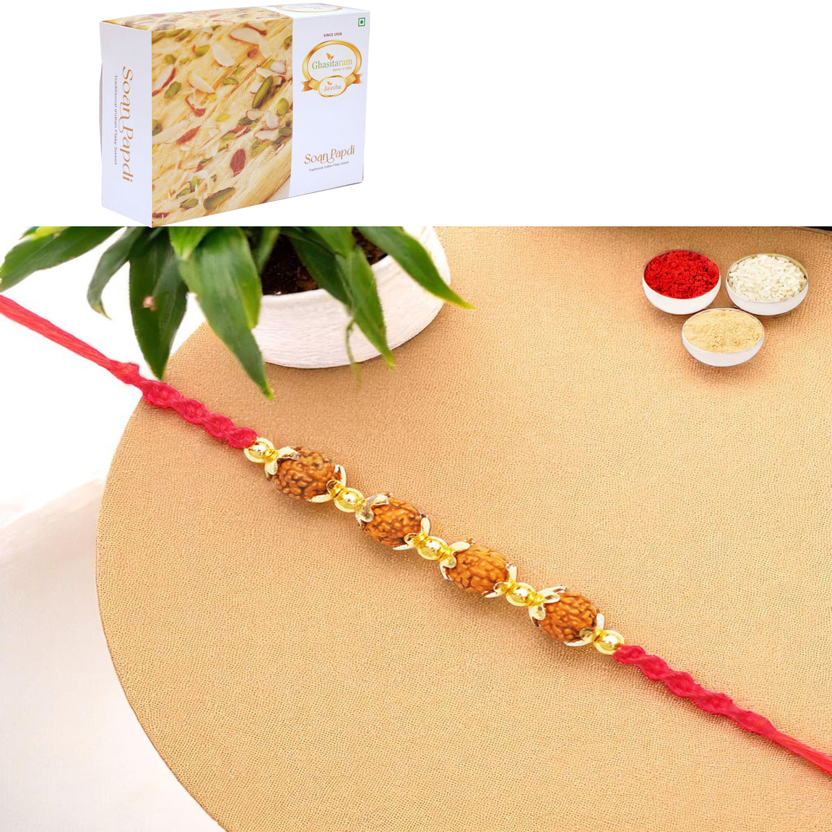Y-96 Rudraksh Rakhi with 400 gms of Soan Papdi