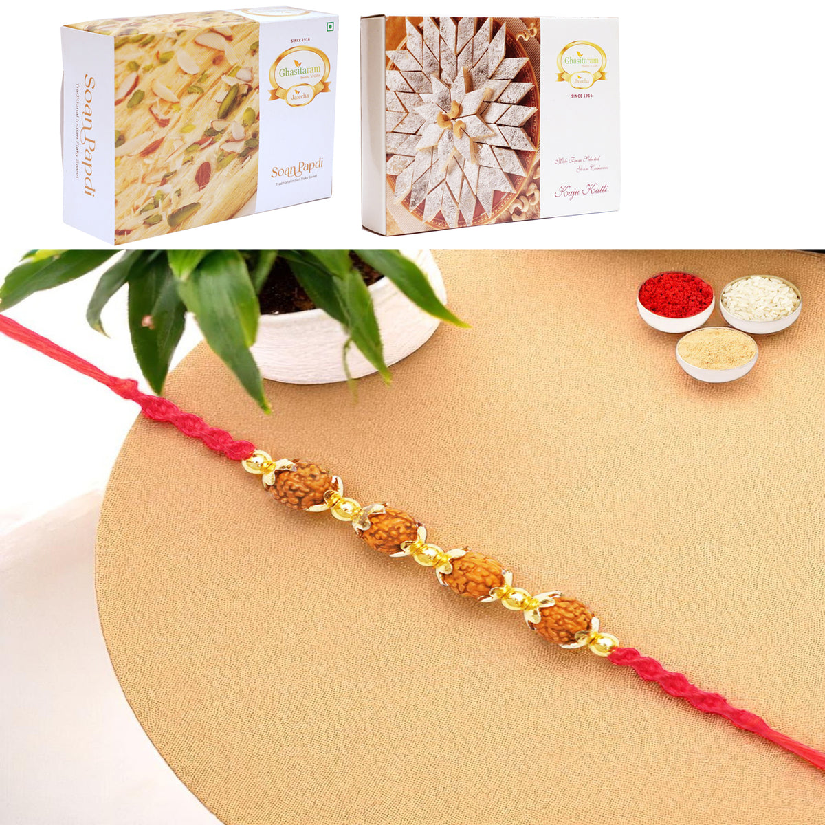 Y-96 Rudraksh Rakhi with 200 gms of Kaju katli and 200 gms of Soan Papdi