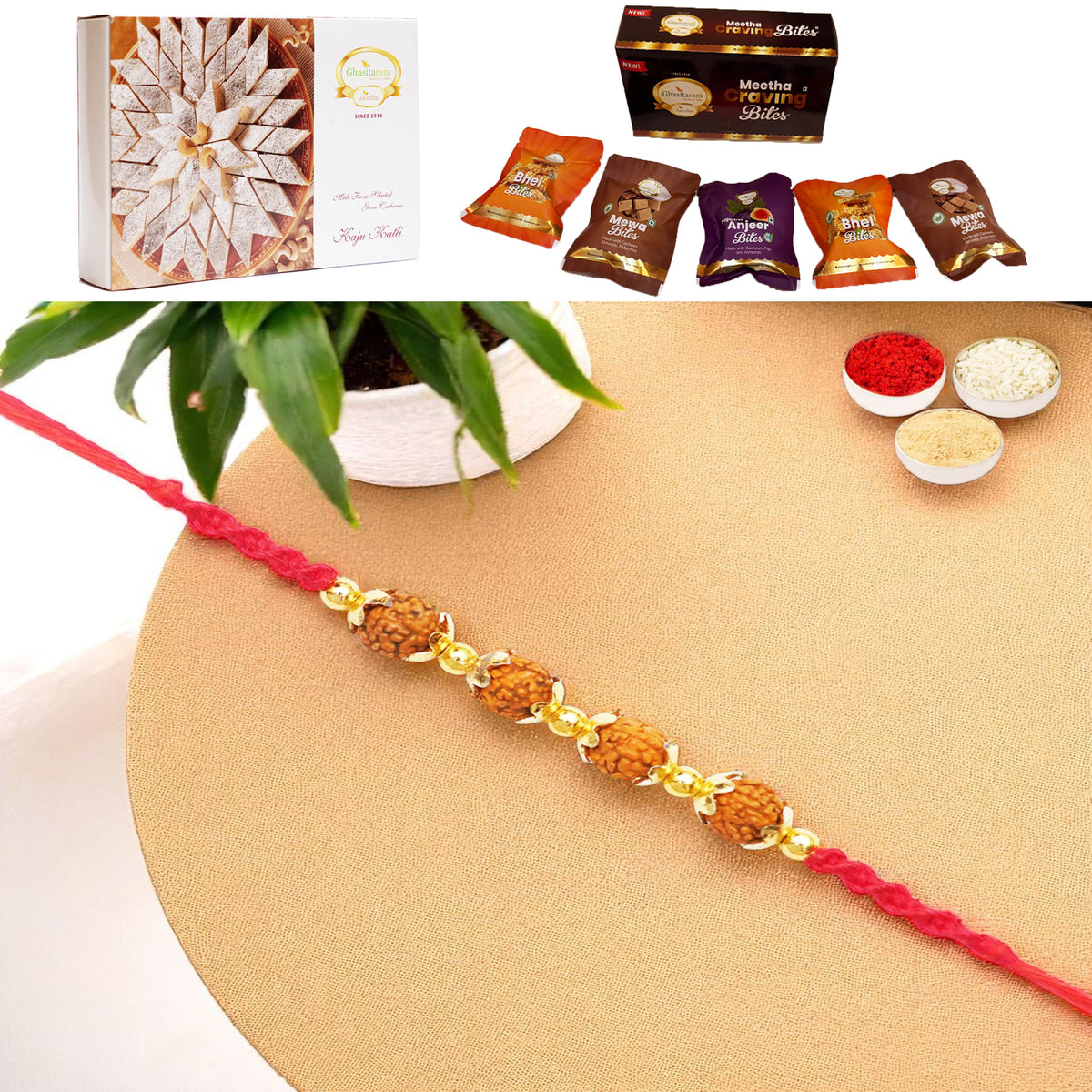 Y-96 Rudraksh Rakhi with Asorted bites box and 200 gms of Kaju katli