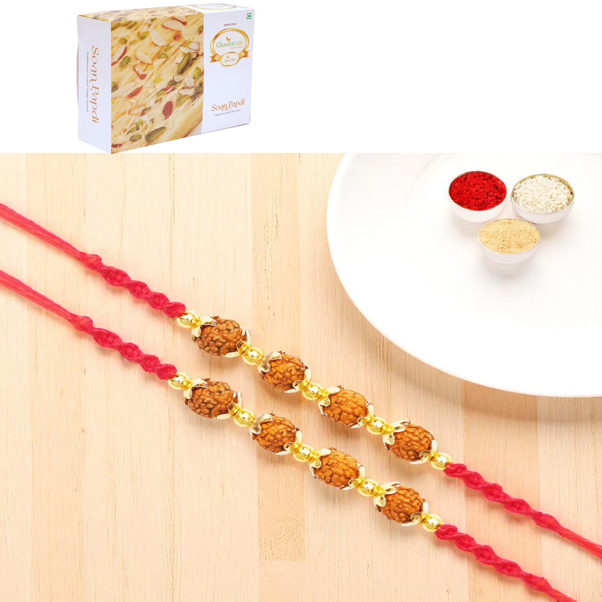 Rakhis Online Australia-Set of 2 - Y-96 Rudraksh Rakhi with 200 gms of Soan Papdi