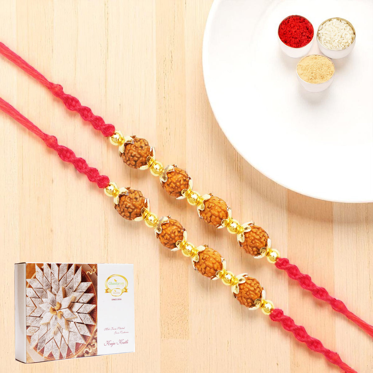 Rakhis Online Australia-Set of 2 - Y-96 Rudraksh Rakhi with 200 gms of Kaju katli