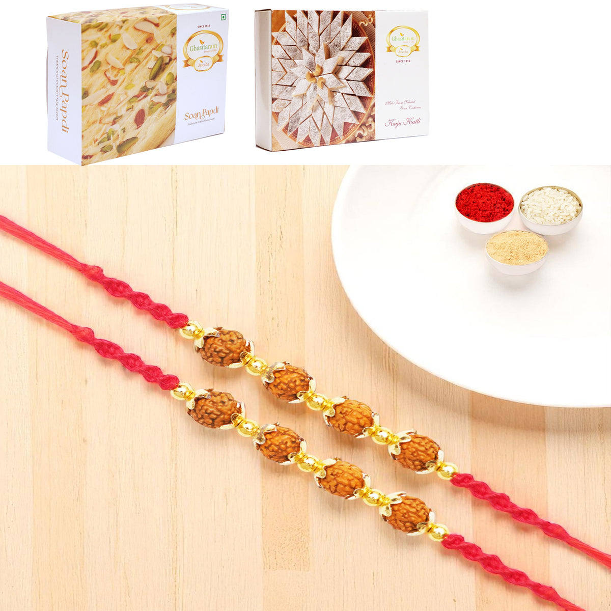 Set of 2 - Y-96 Rudraksh Rakhi with 200 gms of Kaju katli and 200 gms of Soan Papdi