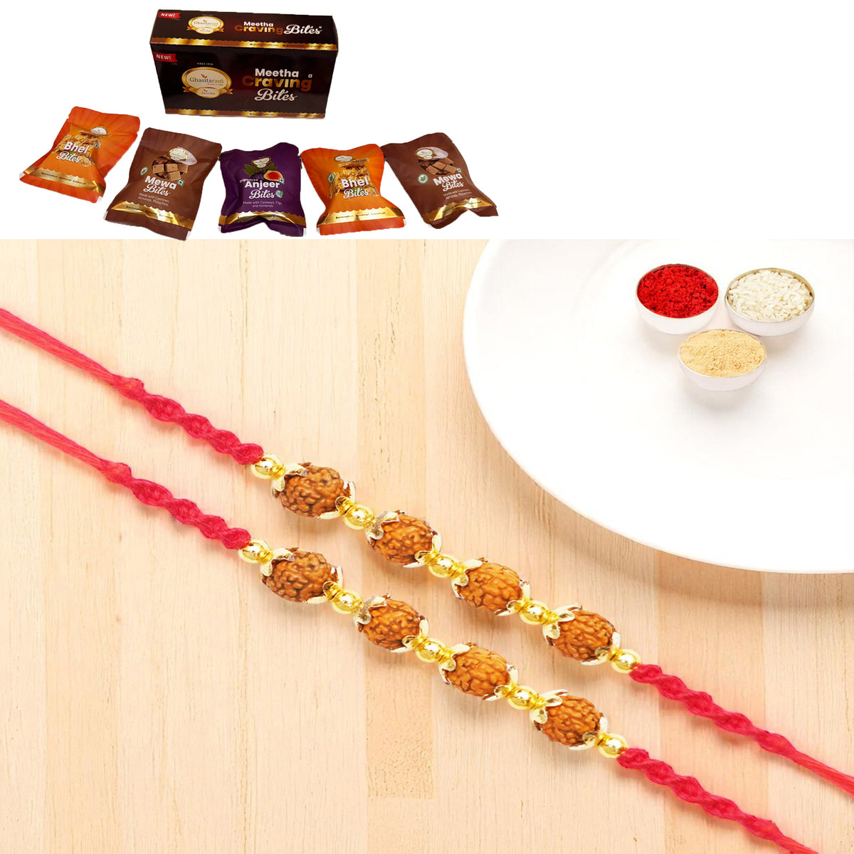 Rakhis Online USA-Set of 2 - Y-96 Rudraksh Rakhi with Asorted bites box