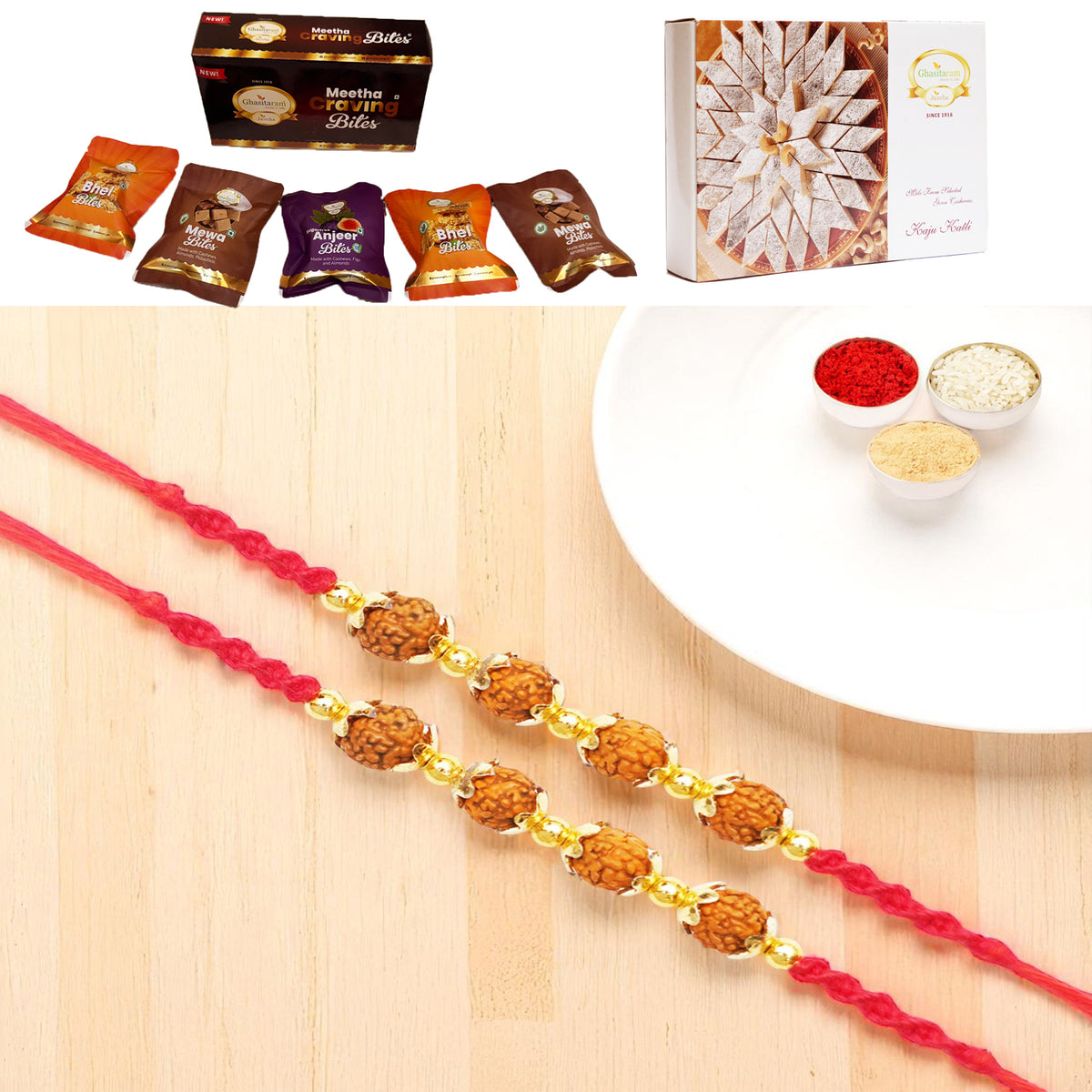 Set of 2 - Y-96 Rudraksh Rakhi with Asorted bites box and 200 gms of Kaju katli