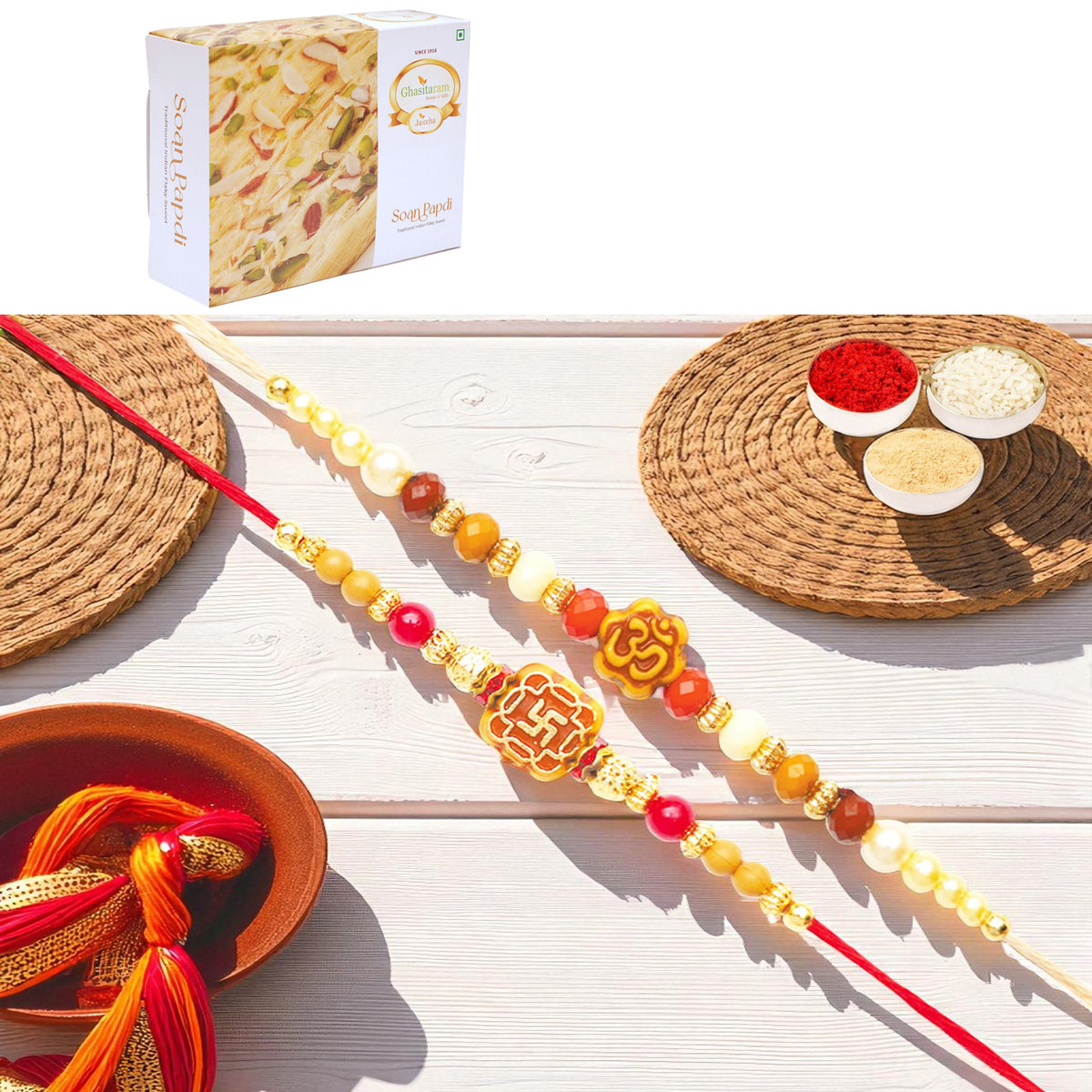 Rakhis Online Australia-Set of 2 abc35 and abc105 om rakhis with 200 gms of Soan Papdi