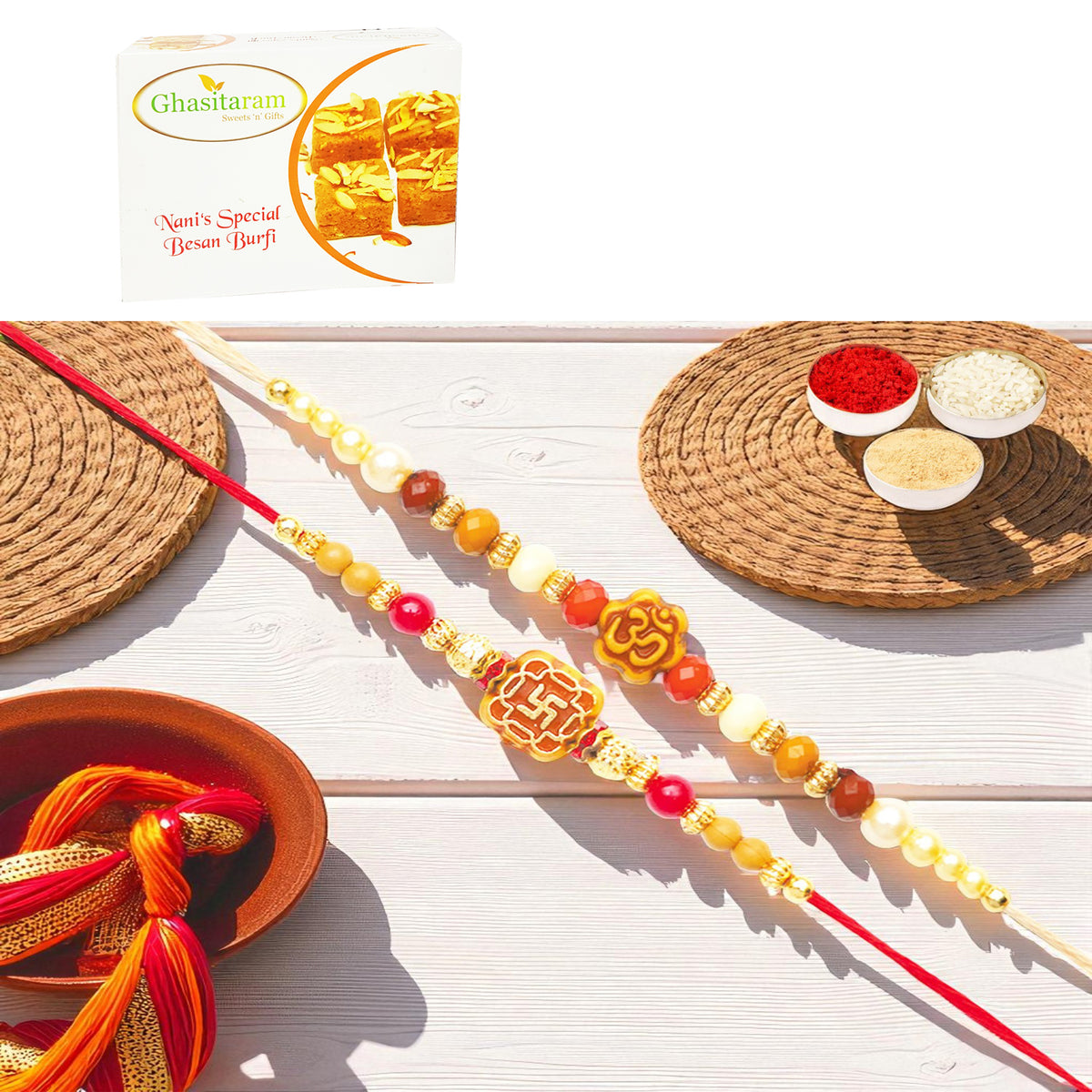 Rakhis Online Australia-Set of 2 abc35 and abc105 om rakhis with 200 gms of Besan Barfi