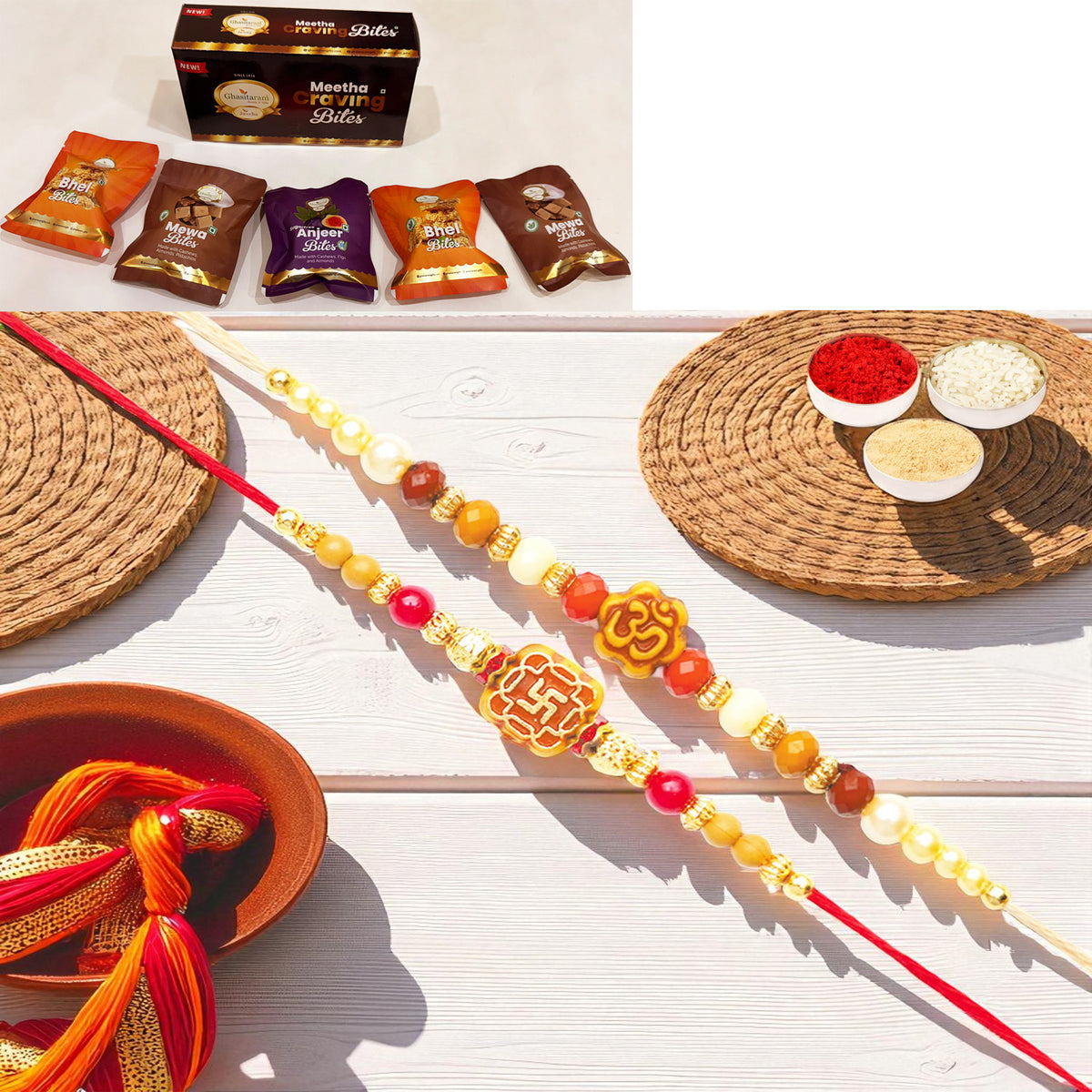Rakhis Online Australia-Set of 2 abc35 and abc105 om rakhis with Asorted bites box