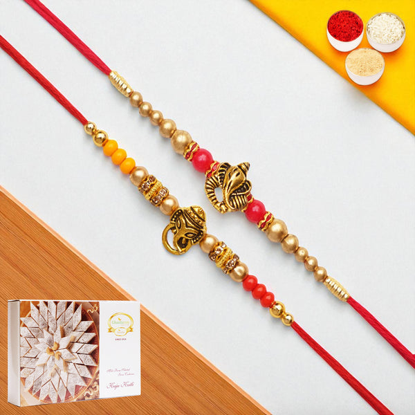 Set of 2 y26 and y58 om ganesh divine rakhis with 400 gms of Kaju katli