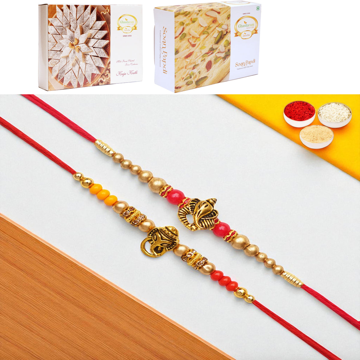 Set of 2 y26 and y58 om ganesh divine rakhis with 200 gms of Kaju katli and 200 gms of Soan Papdi