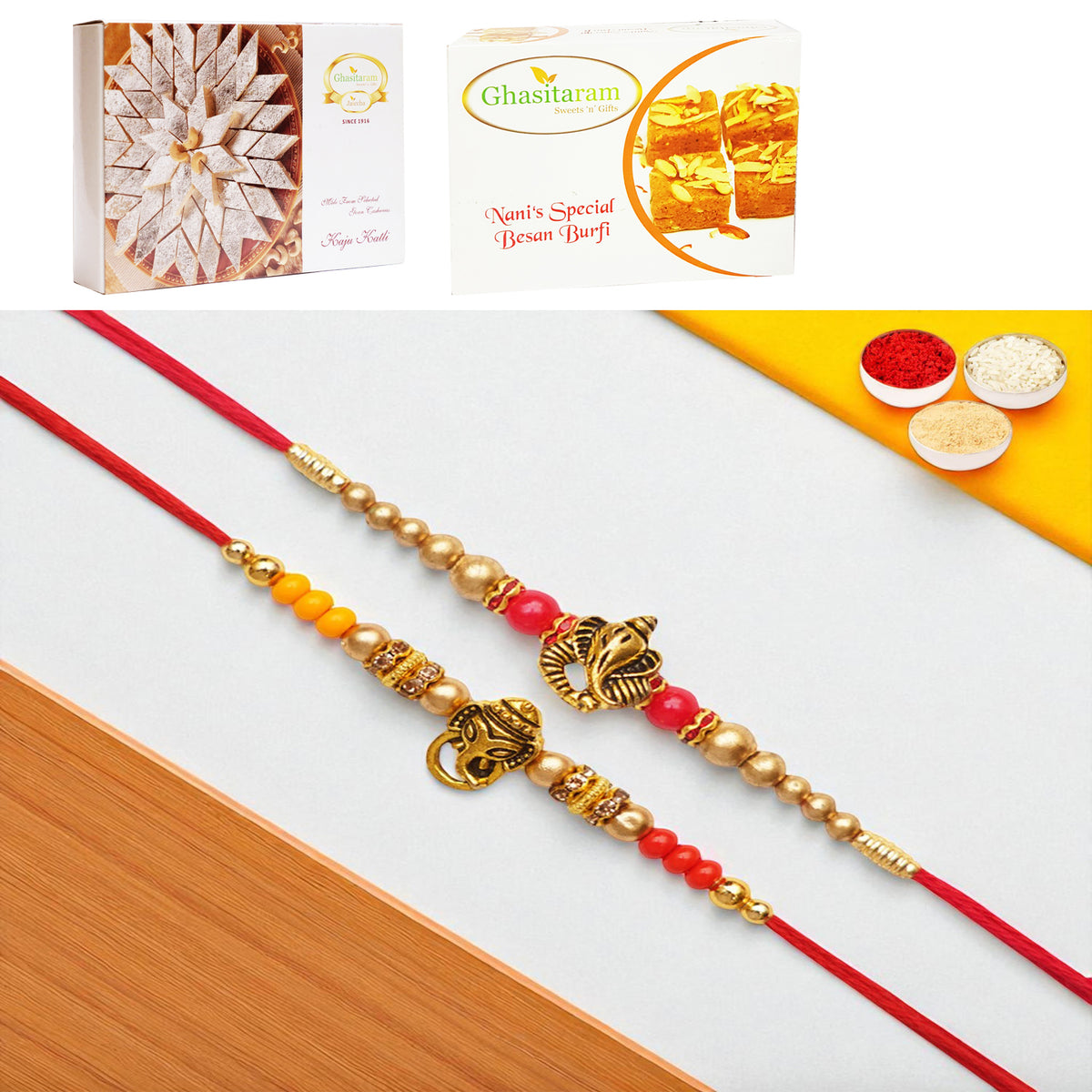 Set of 2 y26 and y58 om ganesh divine rakhis with 200 gms of Besan Barfi and 200 gms of Kaju Katli