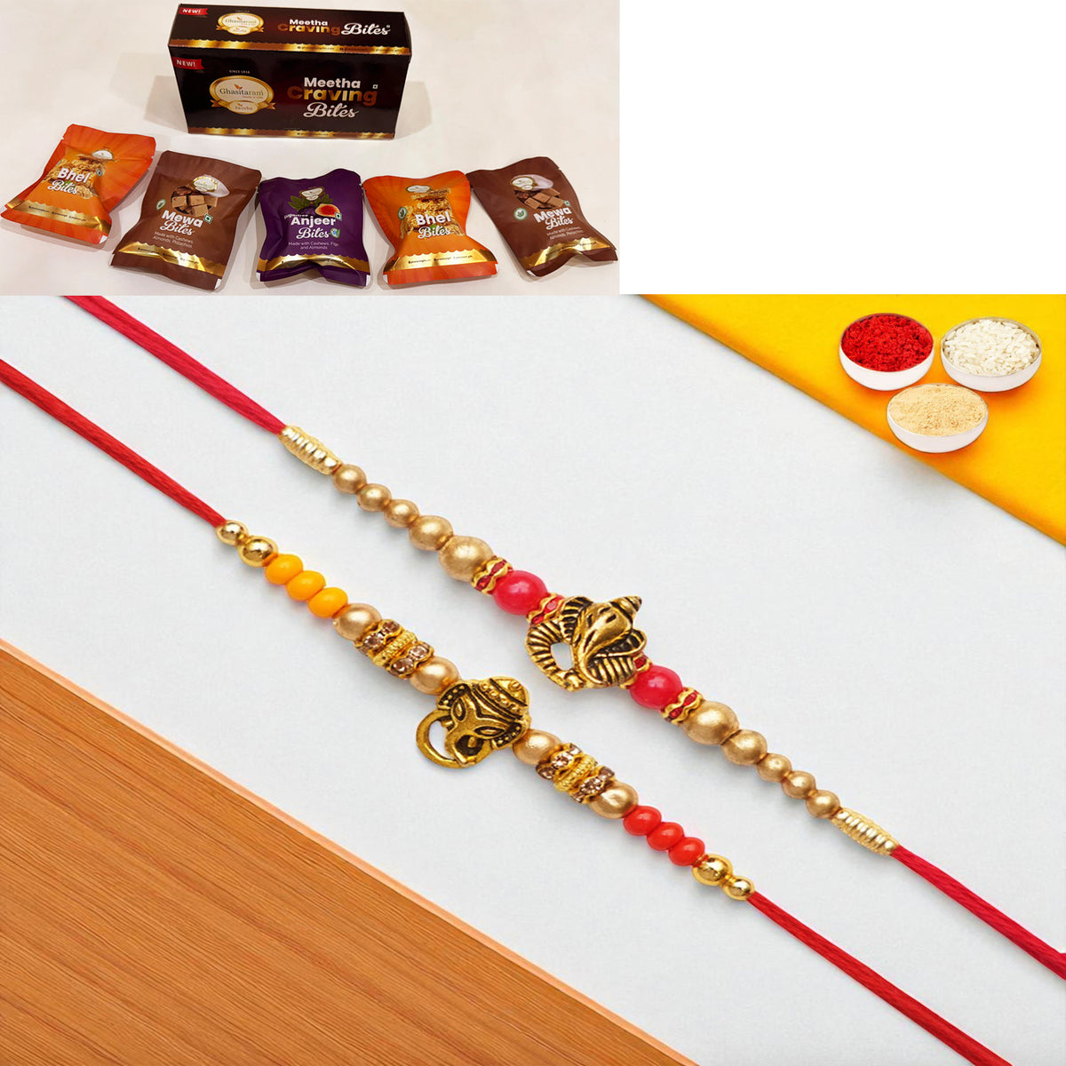 Set of 2 y26 and y58 om ganesh divine rakhis with Asorted bites box
