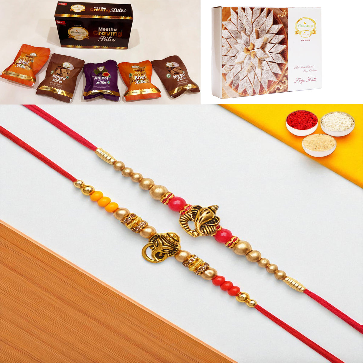 Set of 2 y26 and y58 om ganesh divine rakhis with Asorted bites box and 200 gms of Kaju katli