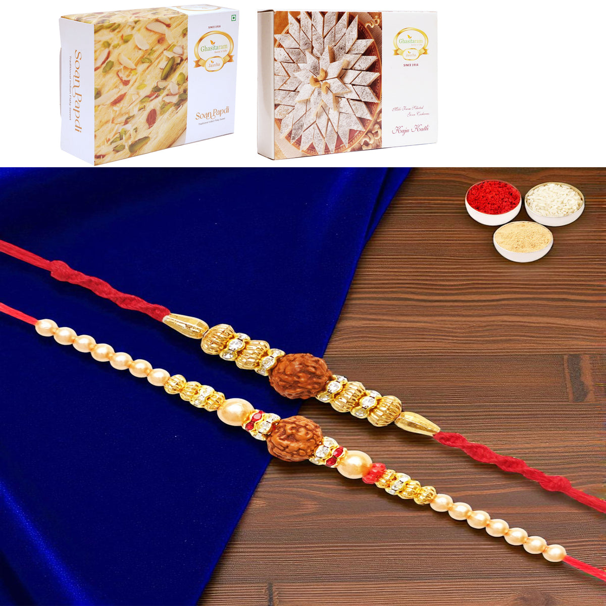 Set of 2 y3 and y81 rudraksh rakhis with 200 gms of Kaju katli and 200 gms of Soan Papdi