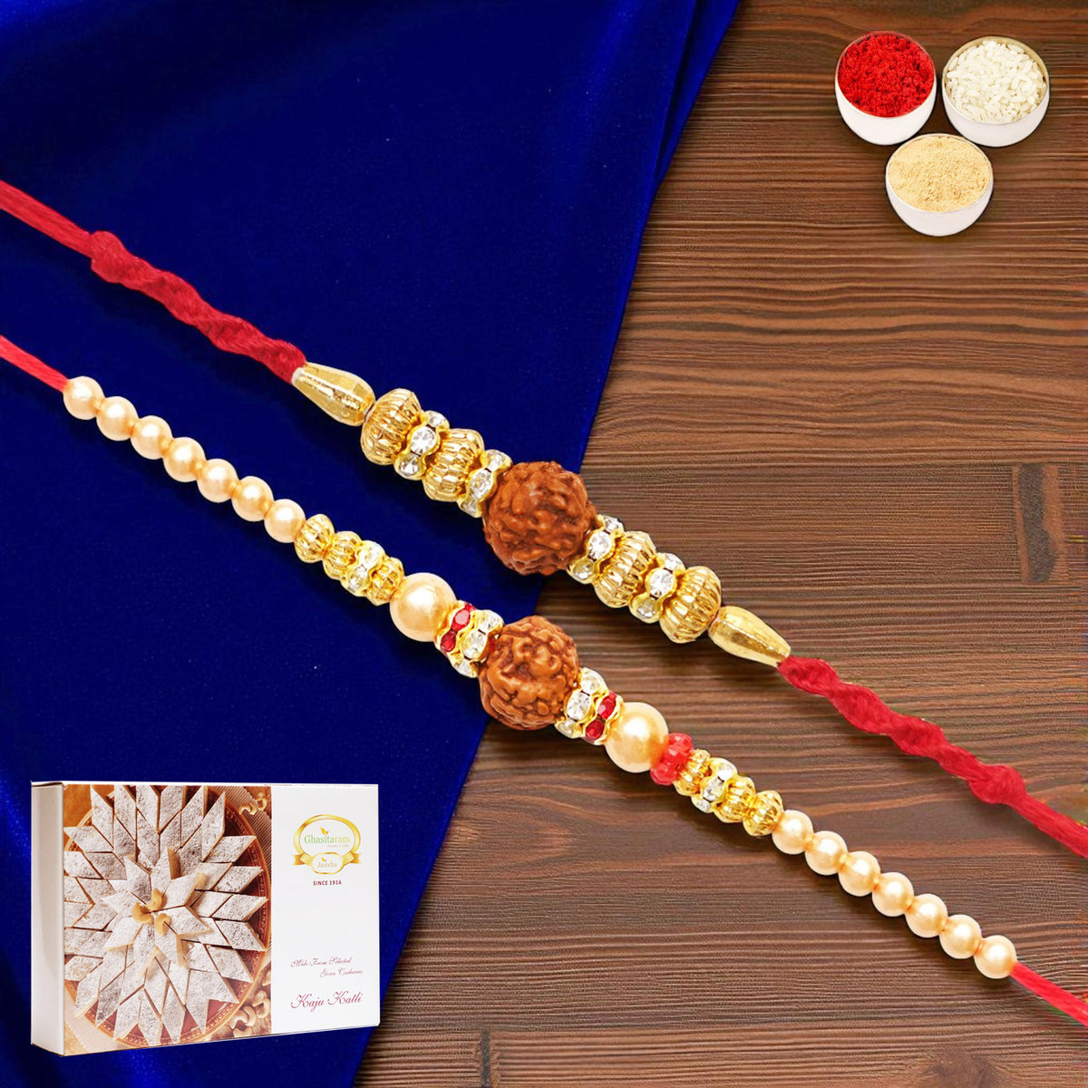 Rakhis Online USA-Set of 2 y3 and y81 rudraksh rakhis with 200 gms of Kaju katli