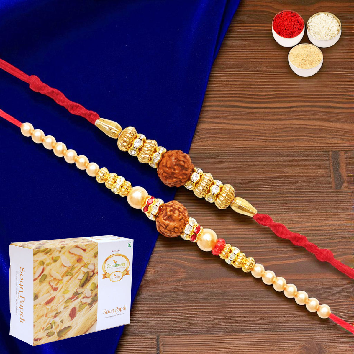 Rakhis Online Australia-Set of 2 y3 and y81 rudraksh rakhis with 200 gms of Soan Papdi