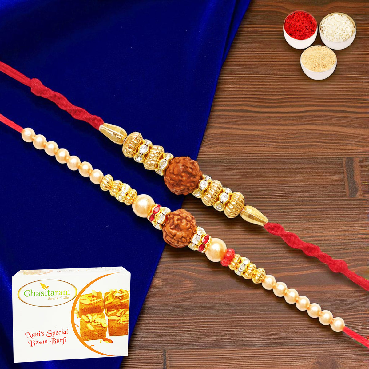 Rakhis Online USA-Set of 2 y3 and y81 rudraksh rakhis with 200 gms of Besan Barfi