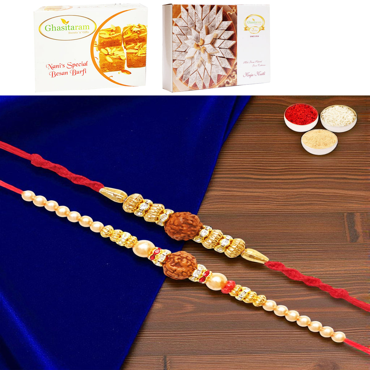 Set of 2 y3 and y81 rudraksh rakhis with 200 gms of Besan Barfi and 200 gms of Kaju Katli