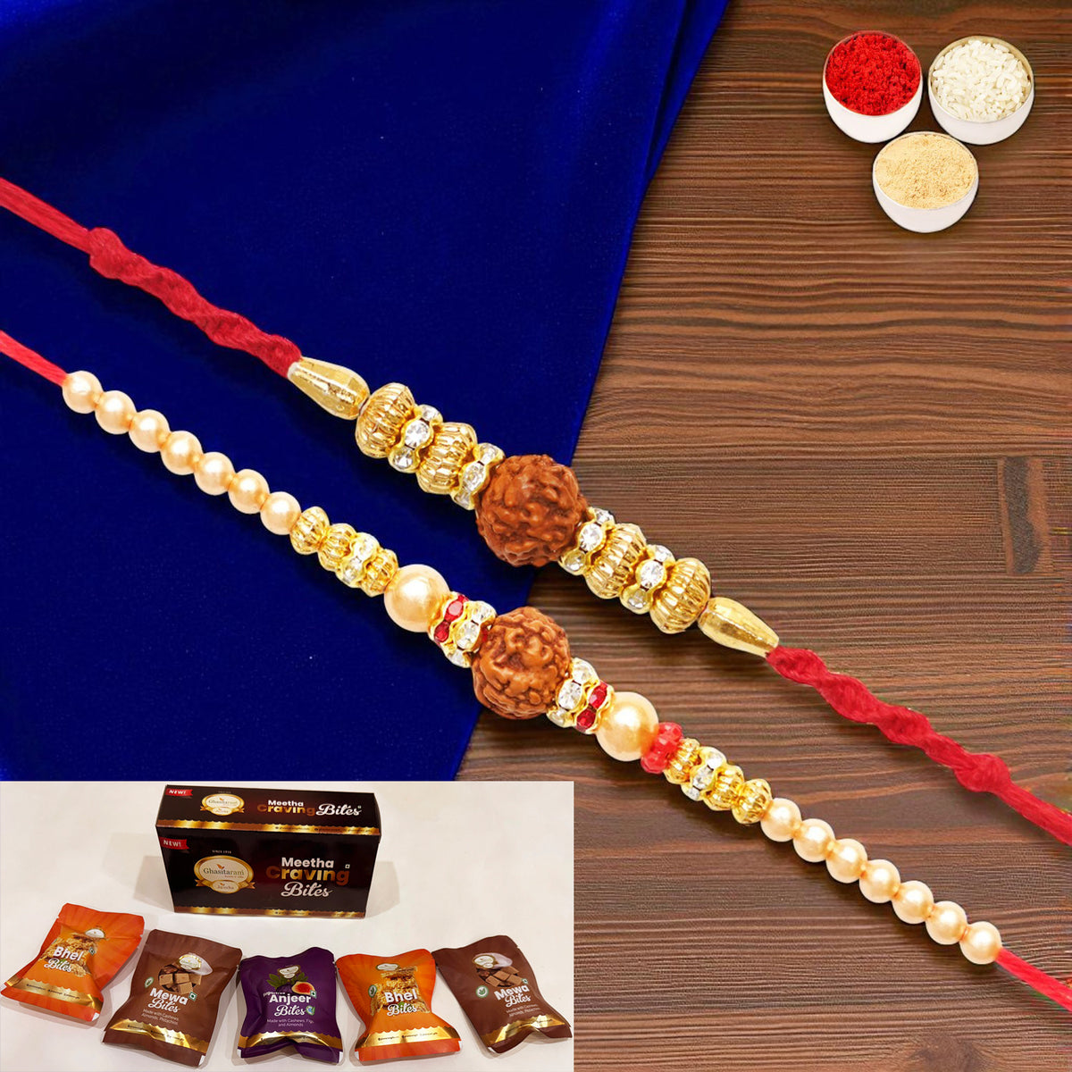 Rakhis Online USA-Set of 2 y3 and y81 rudraksh rakhis with Asorted bites box