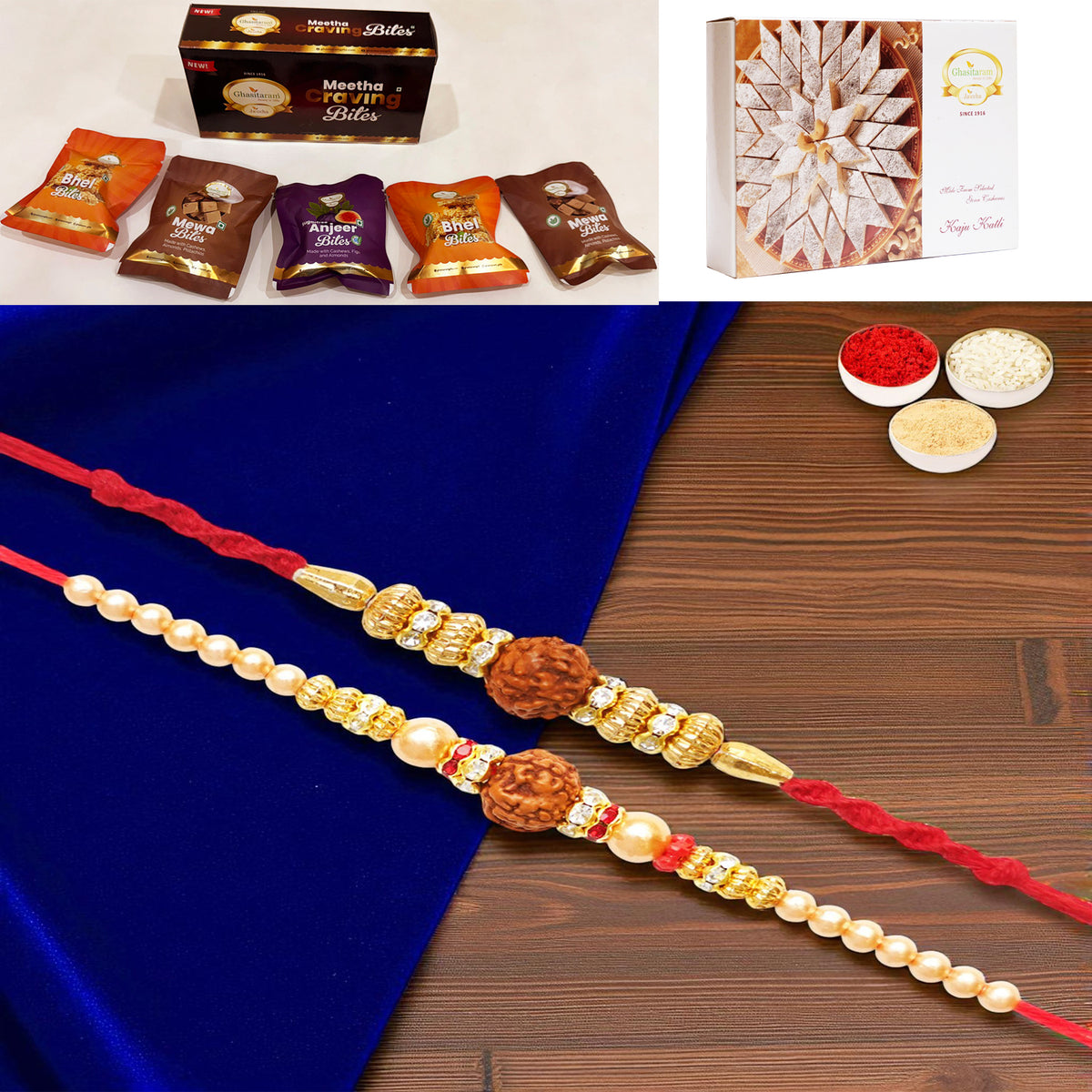 Set of 2 y3 and y81 rudraksh rakhis with Asorted bites box and 200 gms of Kaju katli