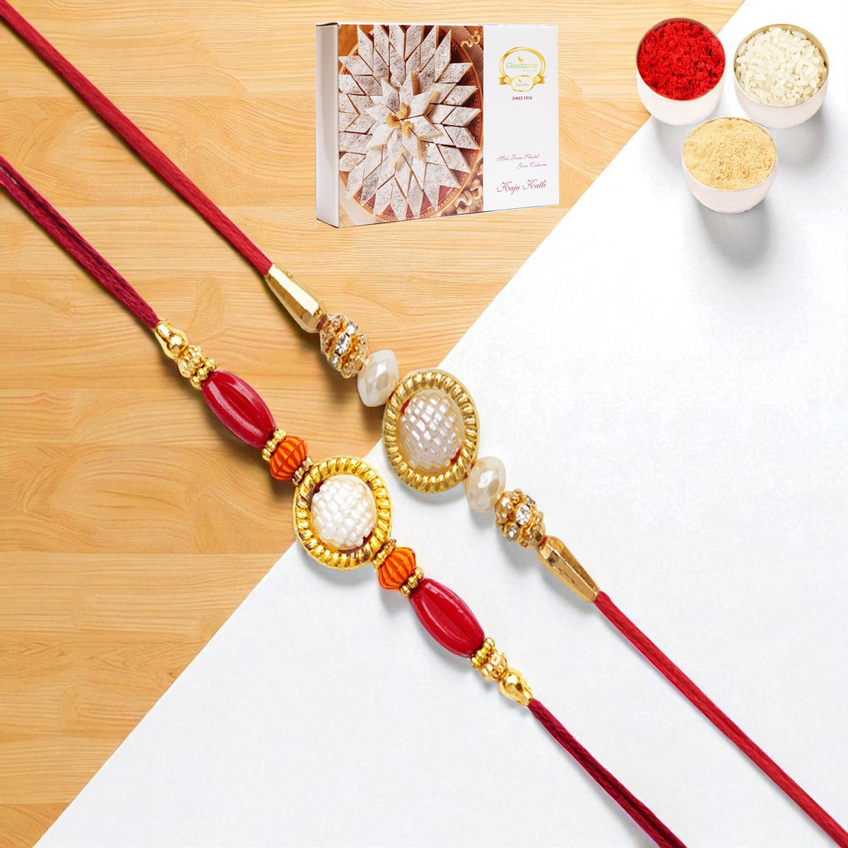 Set of 2 y84 and abc 147 pearl ring rakhis with 400 gms of Kaju katli