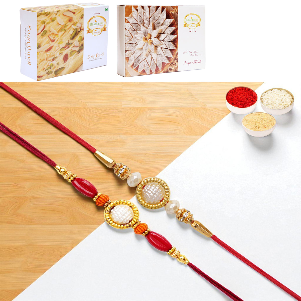 Set of 2 y84 and abc 147 pearl ring rakhis with 200 gms of Kaju katli and 200 gms of Soan Papdi