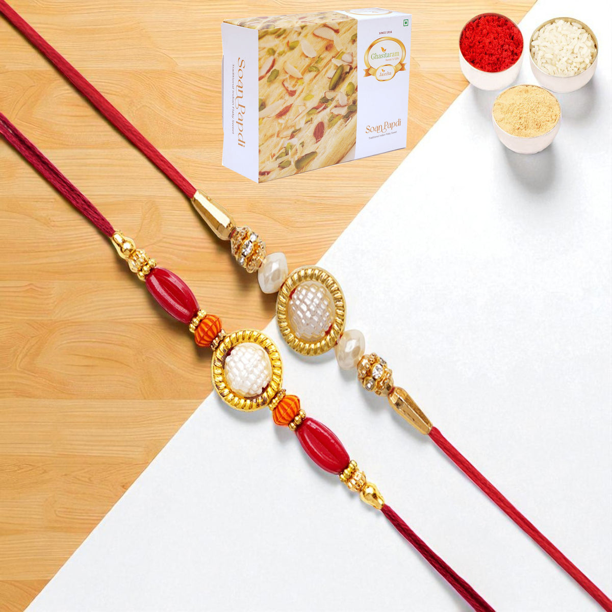 Rakhis Online Australia-Set of 2 y84 and abc 147 pearl ring rakhis with 200 gms of Soan Papdi