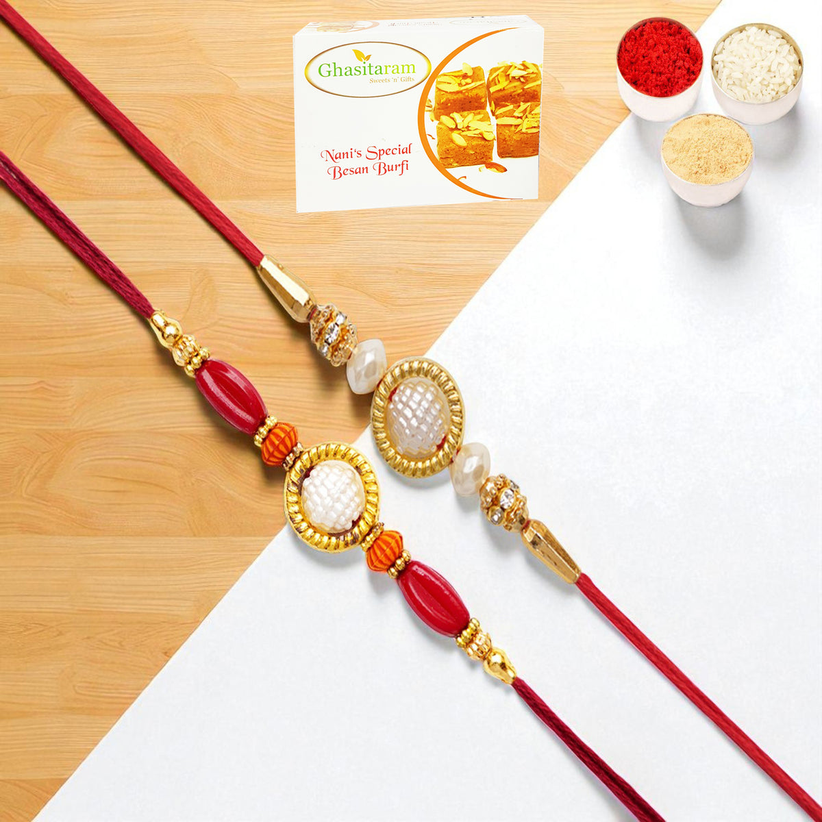 Set of 2 y84 and abc 147 pearl ring rakhis with 400 gms of Besan Barfi