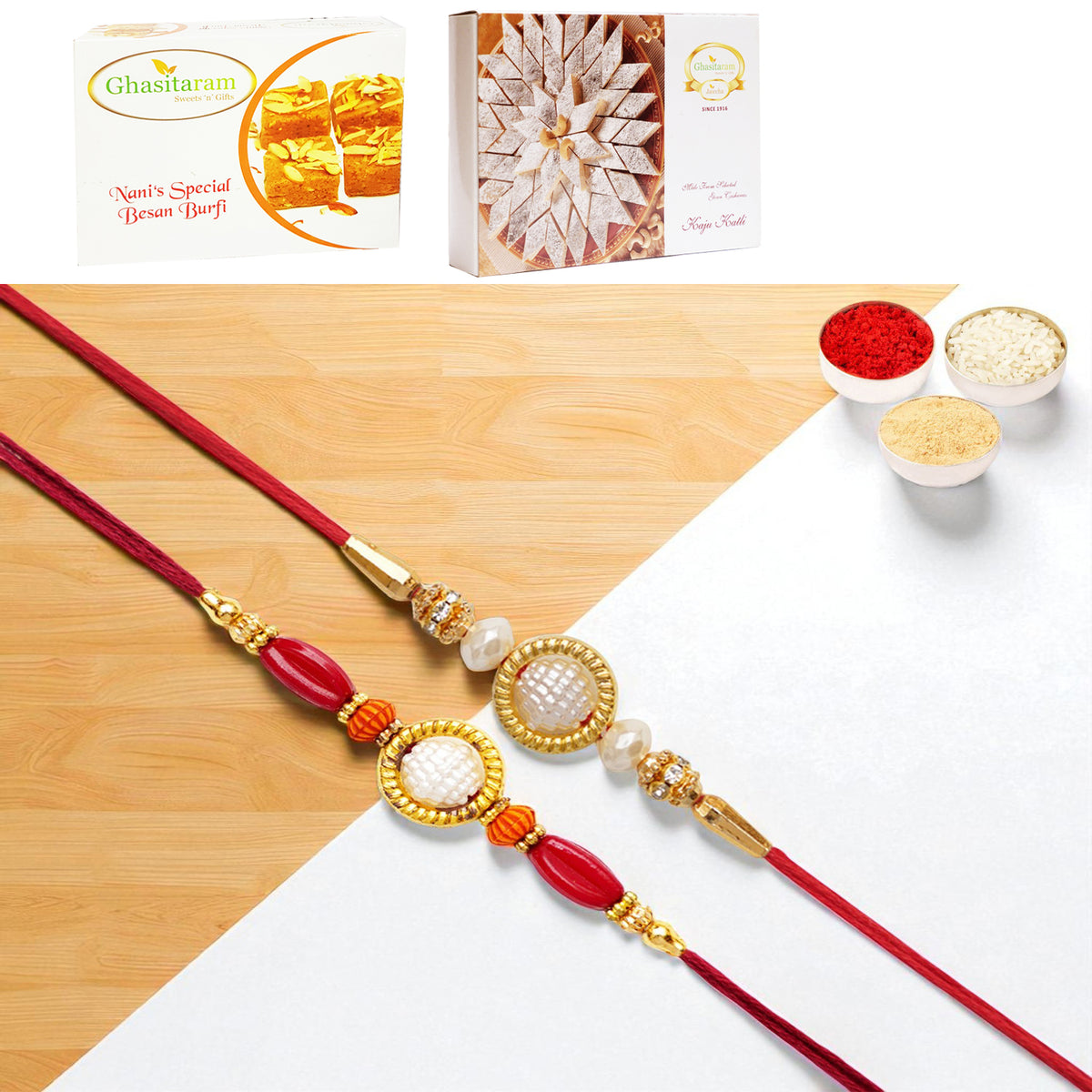 Set of 2 y84 and abc 147 pearl ring rakhis with 200 gms of Besan Barfi and 200 gms of Kaju Katli