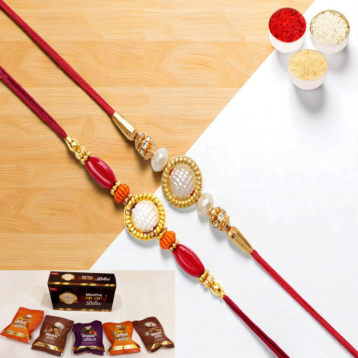 Rakhis Online Australia-Set of 2 y84 and abc 147 pearl ring rakhis with Asorted bites box