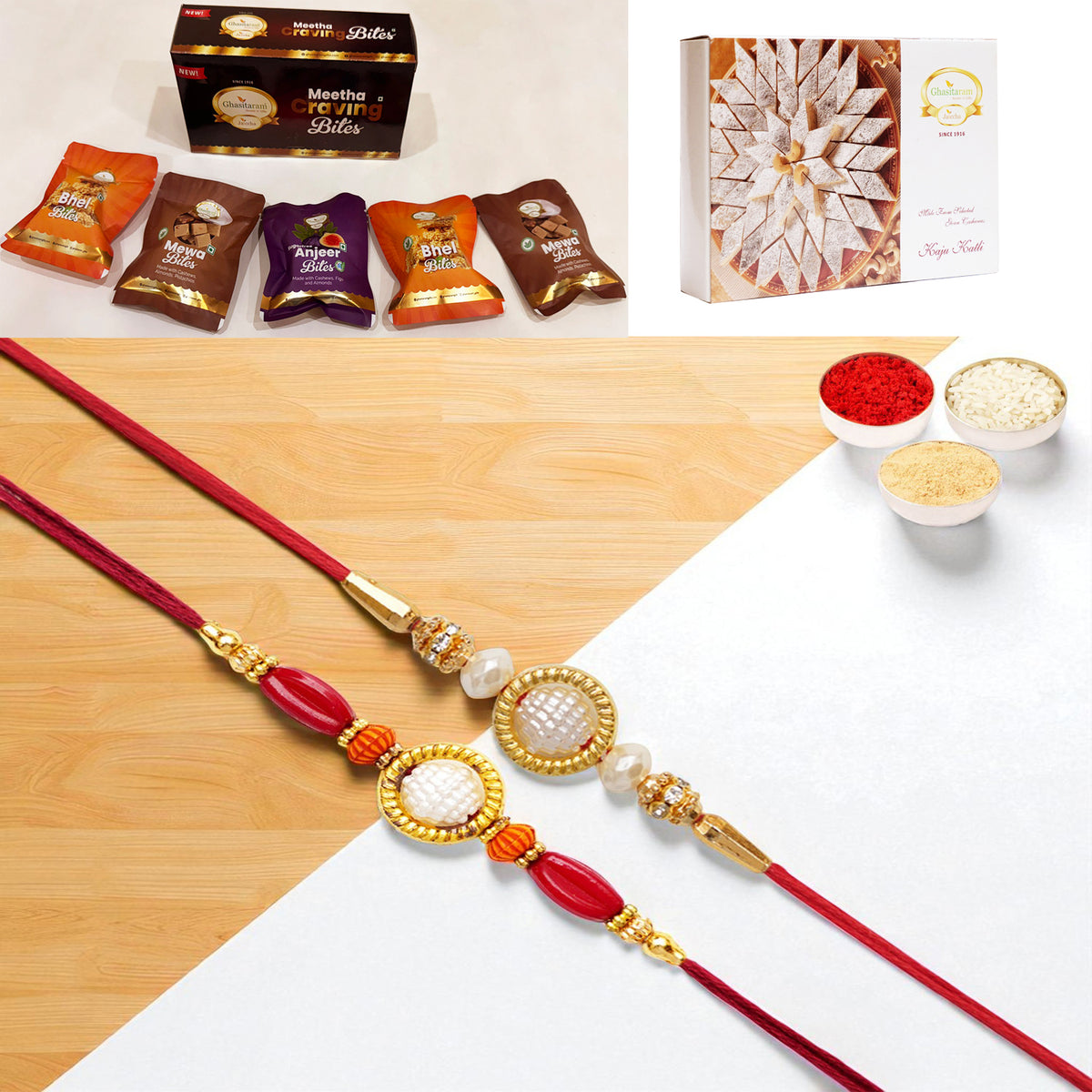 Set of 2 y84 and abc 147 pearl ring rakhis with Asorted bites box and 200 gms of Kaju katli