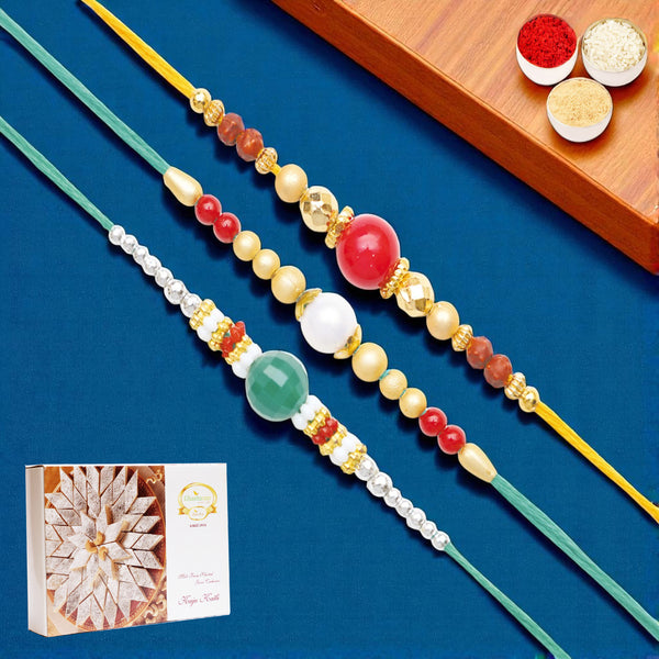 Set of 3 Pearl rakhis abc (83, 87, 159) with 400 gms of Kaju katli