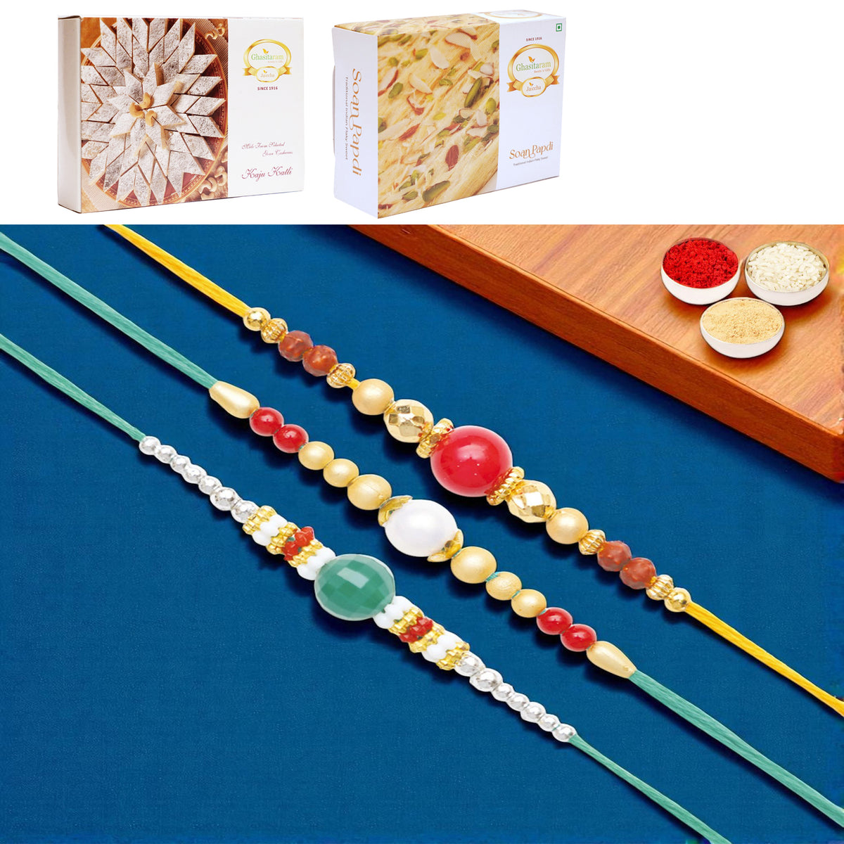 Set of 3 Pearl rakhis abc (83, 87, 159) with 200 gms of Kaju katli and 200 gms of Soan Papdi
