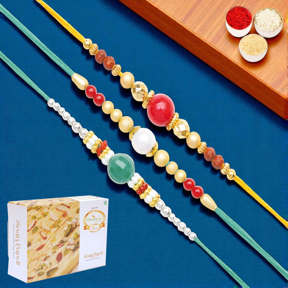 Rakhis Online UK-Set of 3 Pearl rakhis abc (83, 87, 159) with 200 gms of Soan Papdi