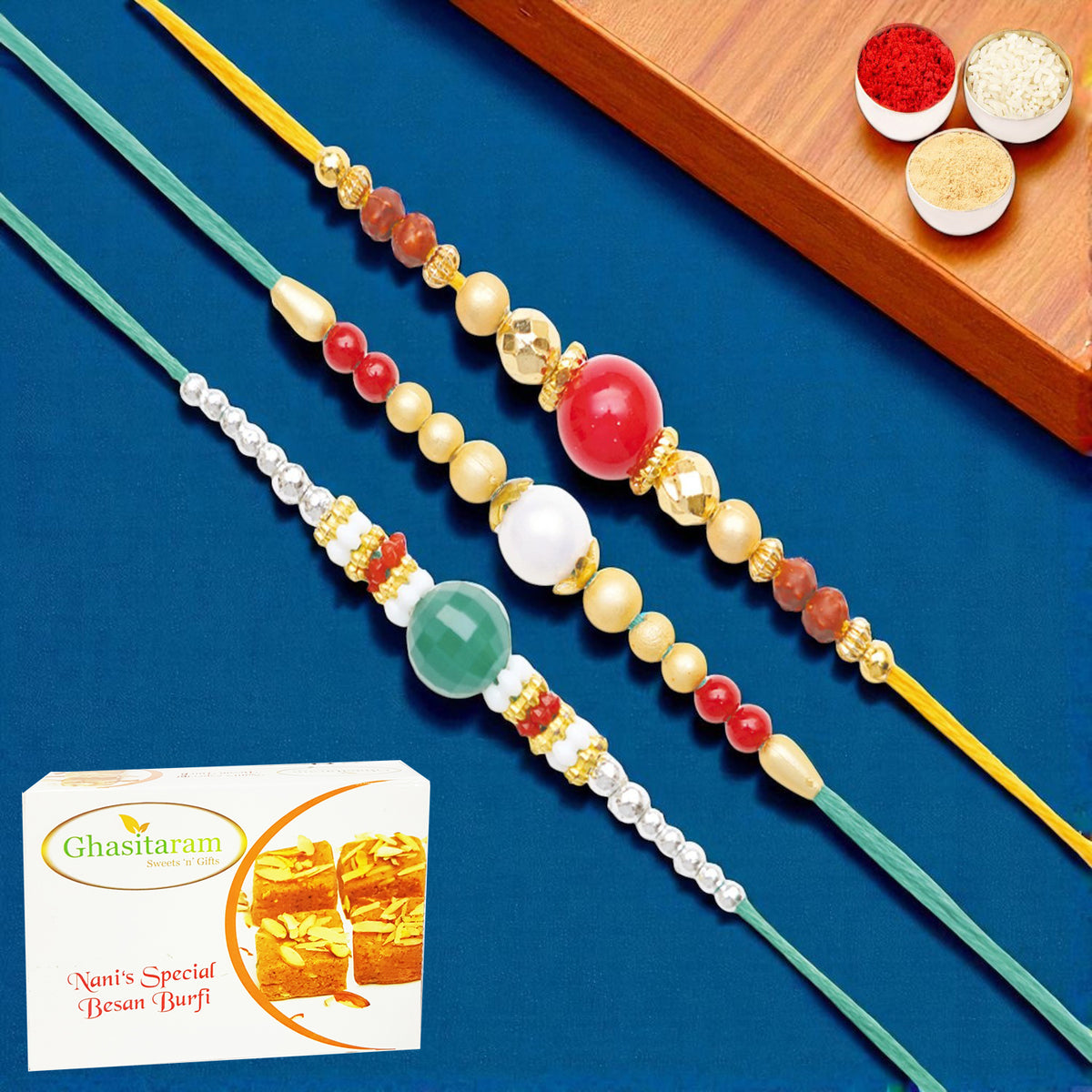 Set of 3 Pearl rakhis abc (83, 87, 159) with 400 gms of Besan Barfi