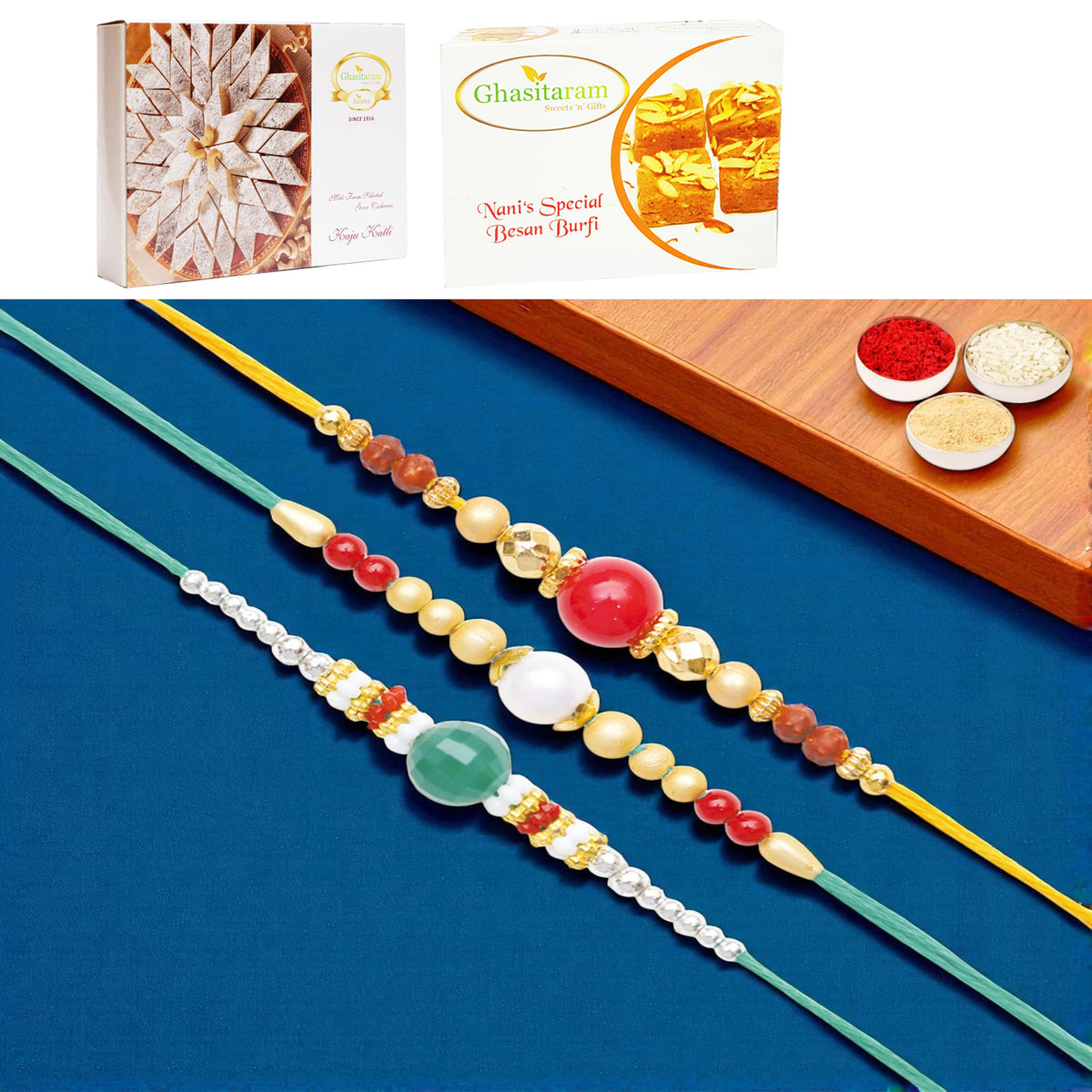 Set of 3 Pearl rakhis abc (83, 87, 159) with 200 gms of Besan Barfi and 200 gms of Kaju Katli