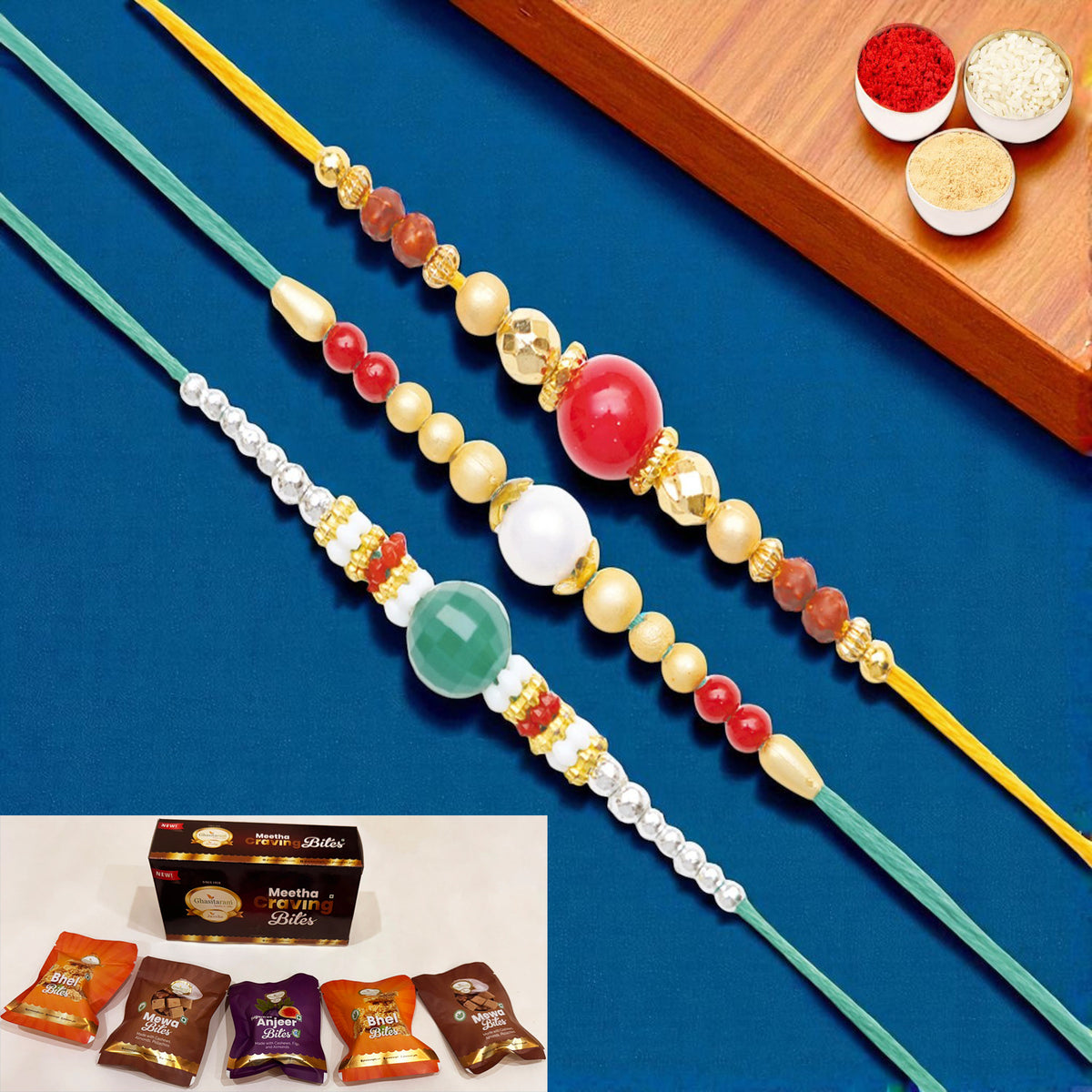 Set of 3 Pearl rakhis abc (83, 87, 159) with Asorted bites box
